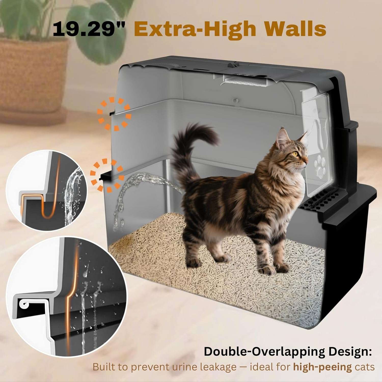 Caja de arena gigante de acero inoxidable para gatos con paredes altas y puerta abatible.