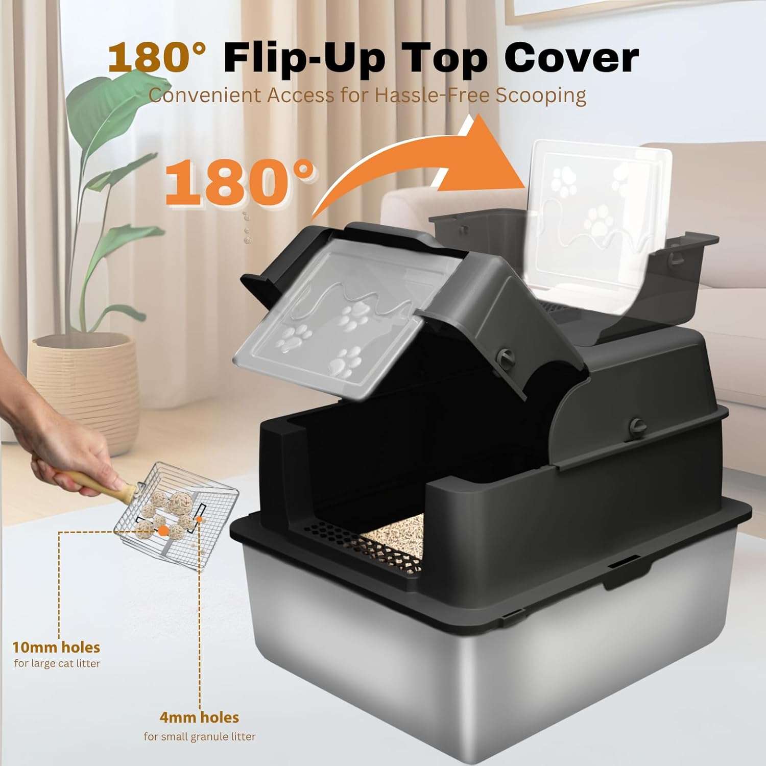 Caja de arena gigante de acero inoxidable para gatos con paredes altas y puerta abatible.