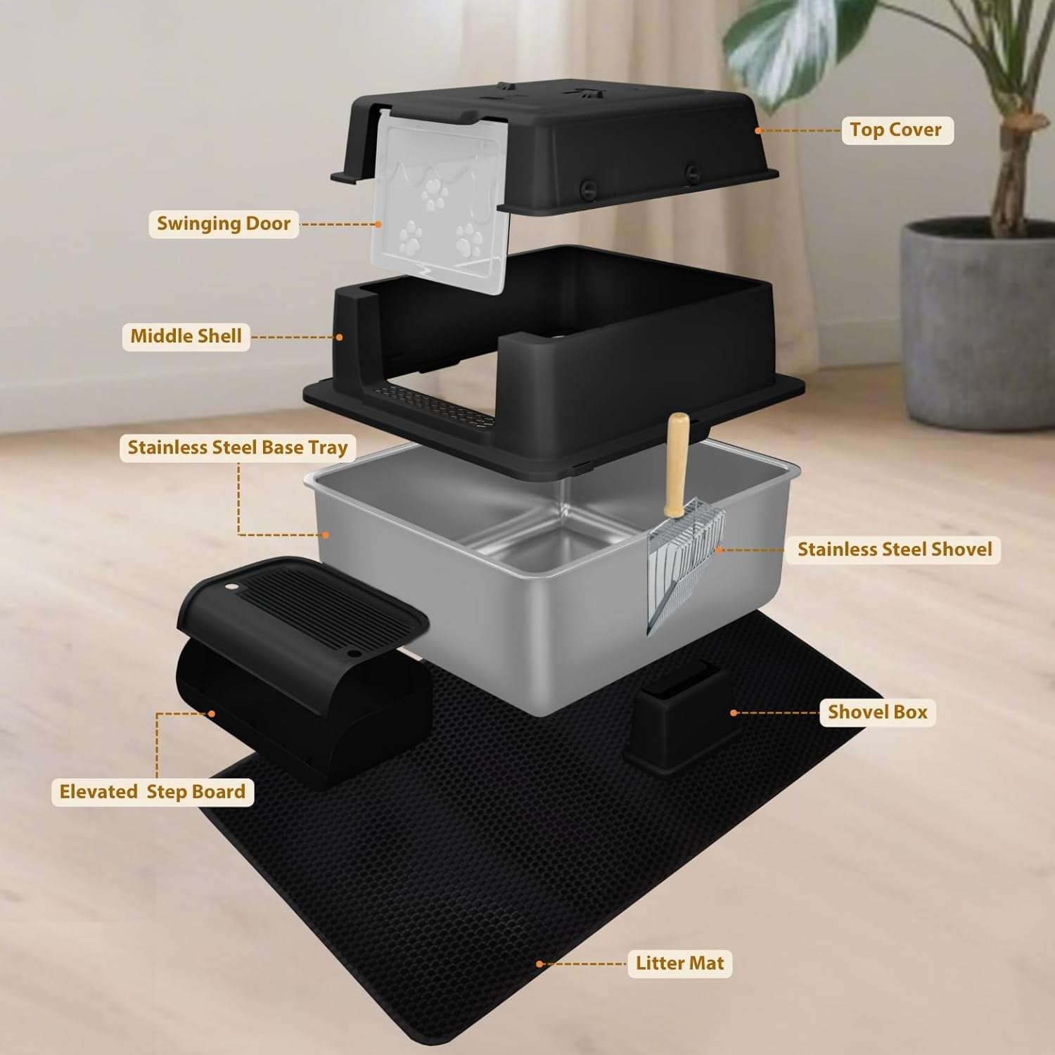 Caja de arena gigante de acero inoxidable para gatos con paredes altas y puerta abatible.