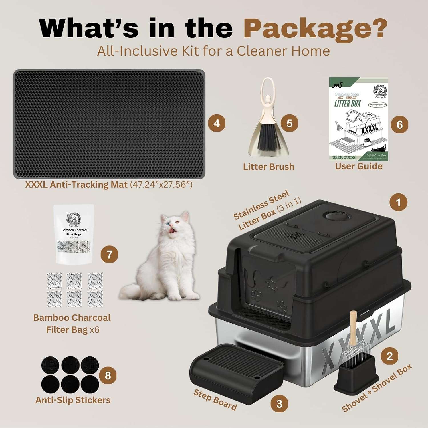 Caja de arena gigante de acero inoxidable para gatos con paredes altas y puerta abatible.