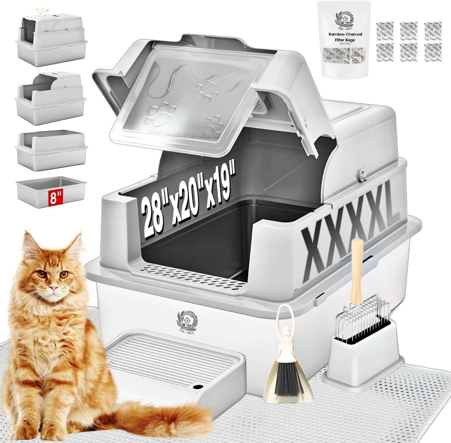 Caja de arena gigante de acero inoxidable para gatos con paredes altas y puerta abatible.