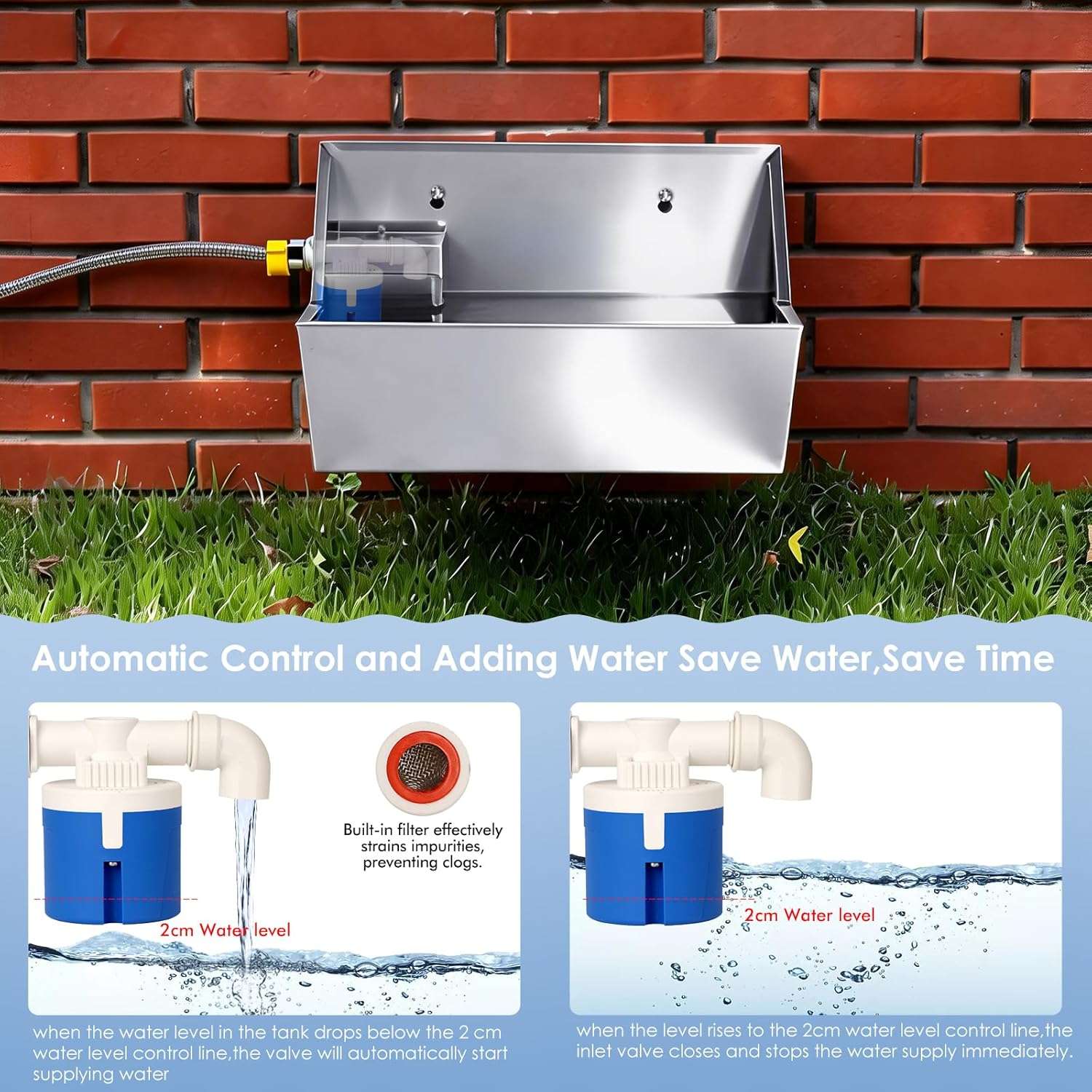 Bebedero automatico de acero inoxidable de 8 litros para perros y animales de granja instalado en la pared.