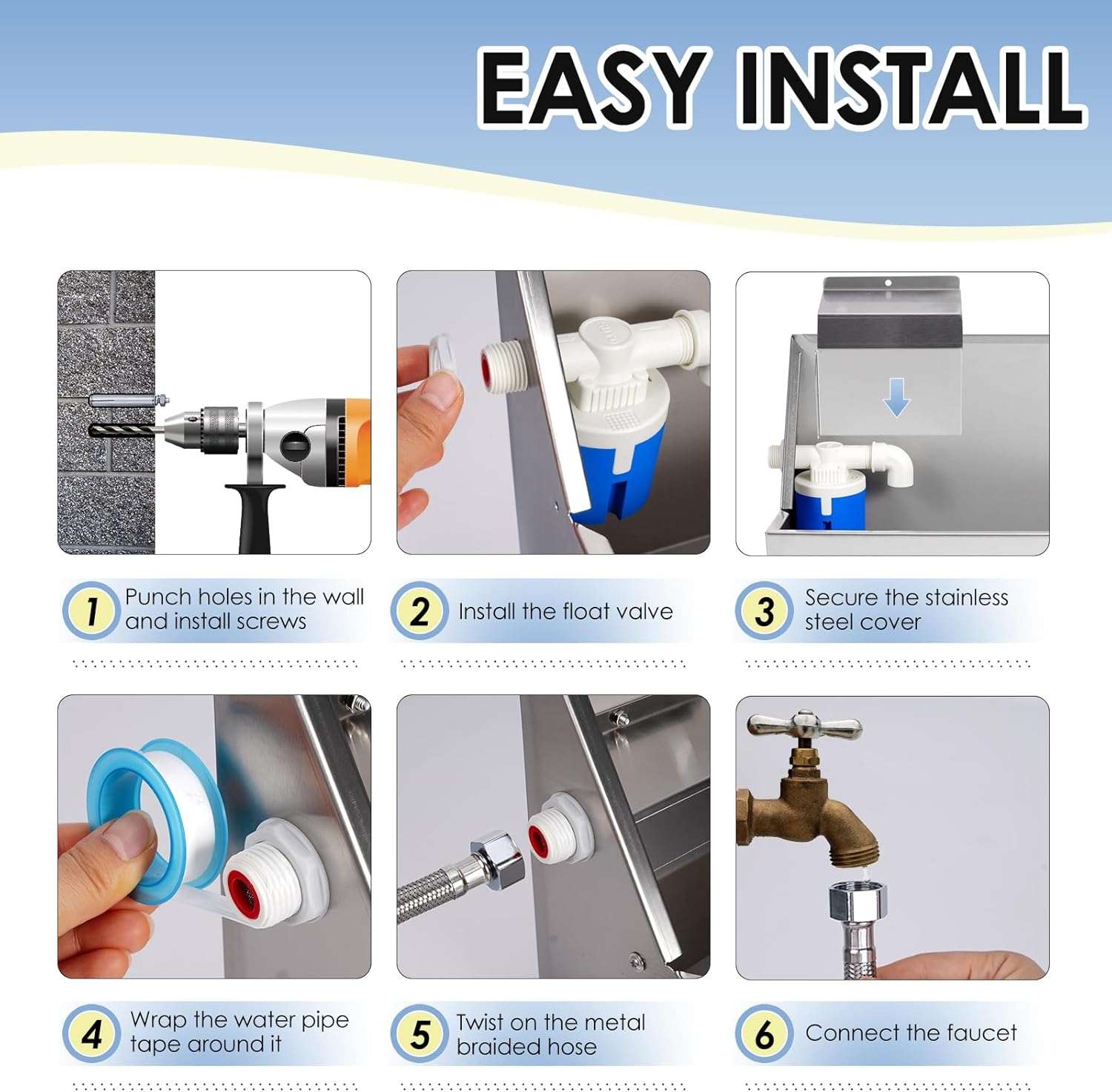 Bebedero automatico de acero inoxidable de 8 litros para perros y animales de granja instalado en la pared.