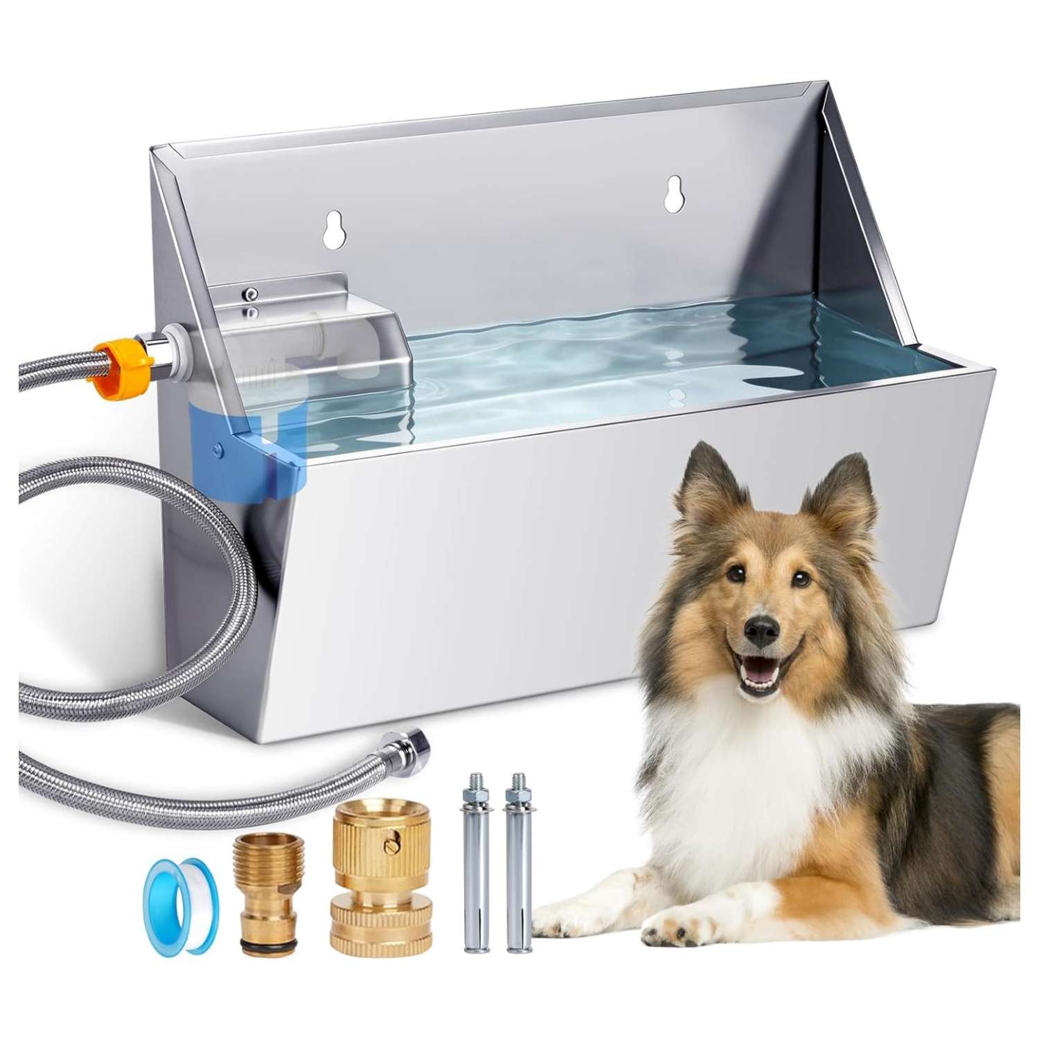 Bebedero automatico de acero inoxidable de 8 litros para perros y animales de granja instalado en la pared.