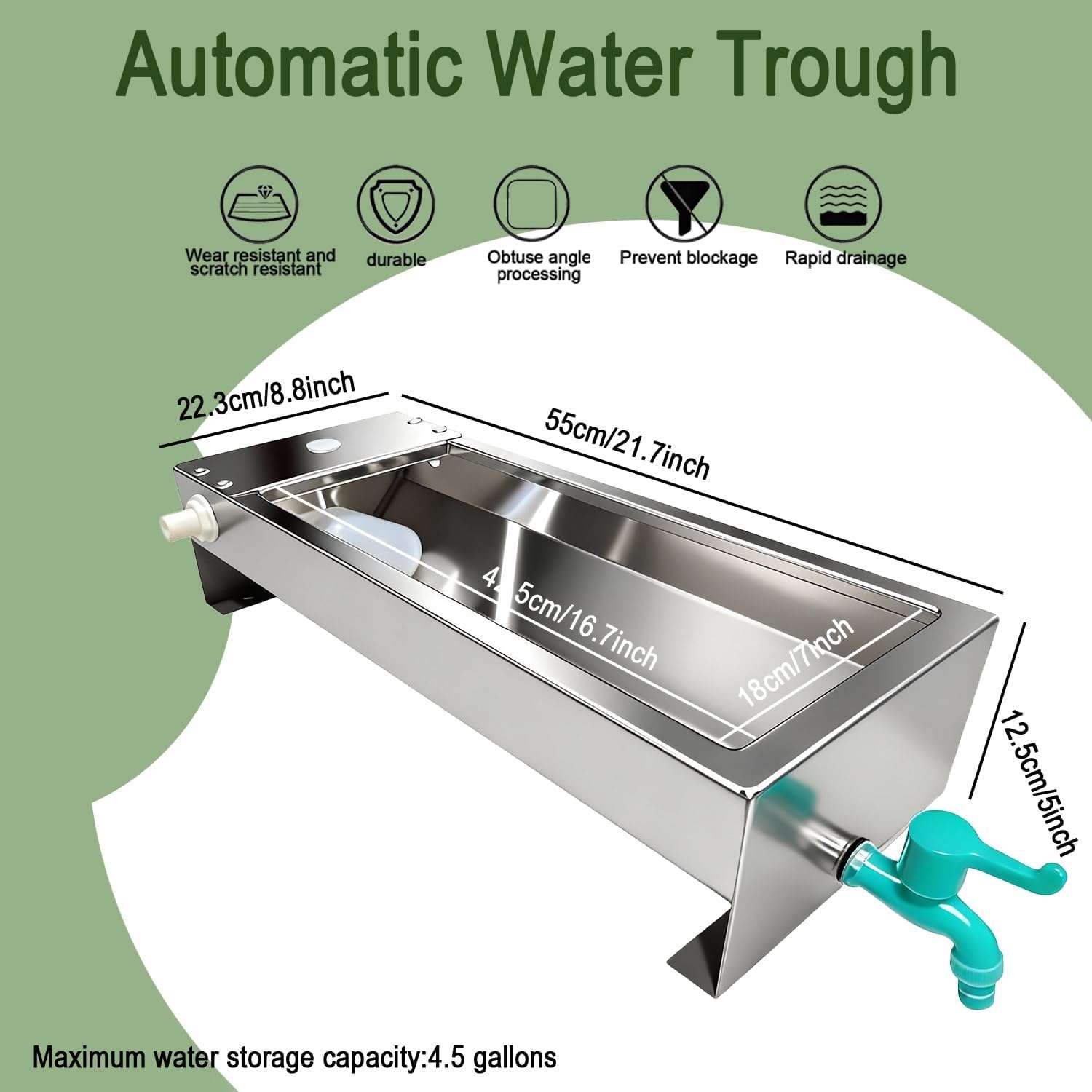 Bebedero automatico antivuelco de acero inoxidable de 11 litros con patas para anclar al piso y sistema de flotador para perros y ganado.