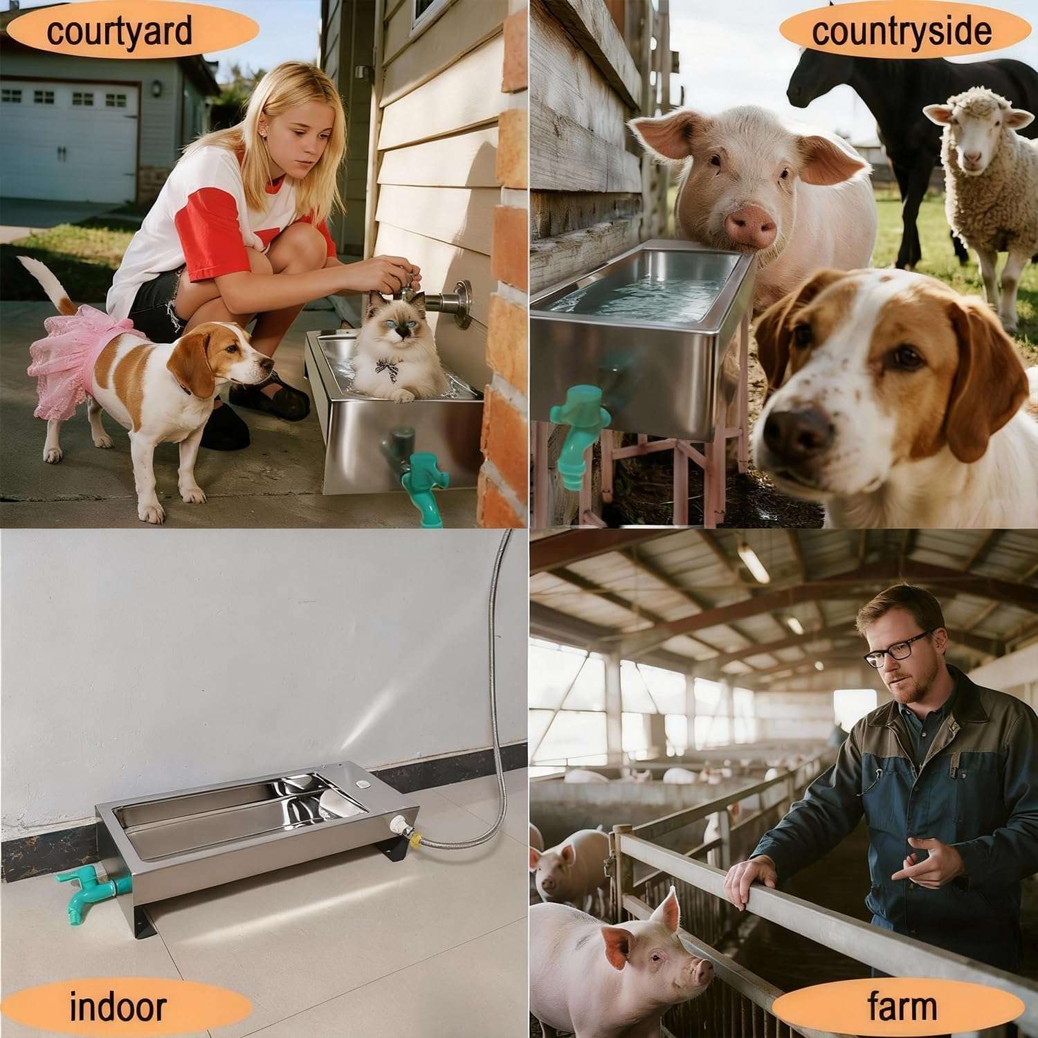 Bebedero automatico antivuelco de acero inoxidable de 11 litros con patas para anclar al piso y sistema de flotador para perros y ganado.