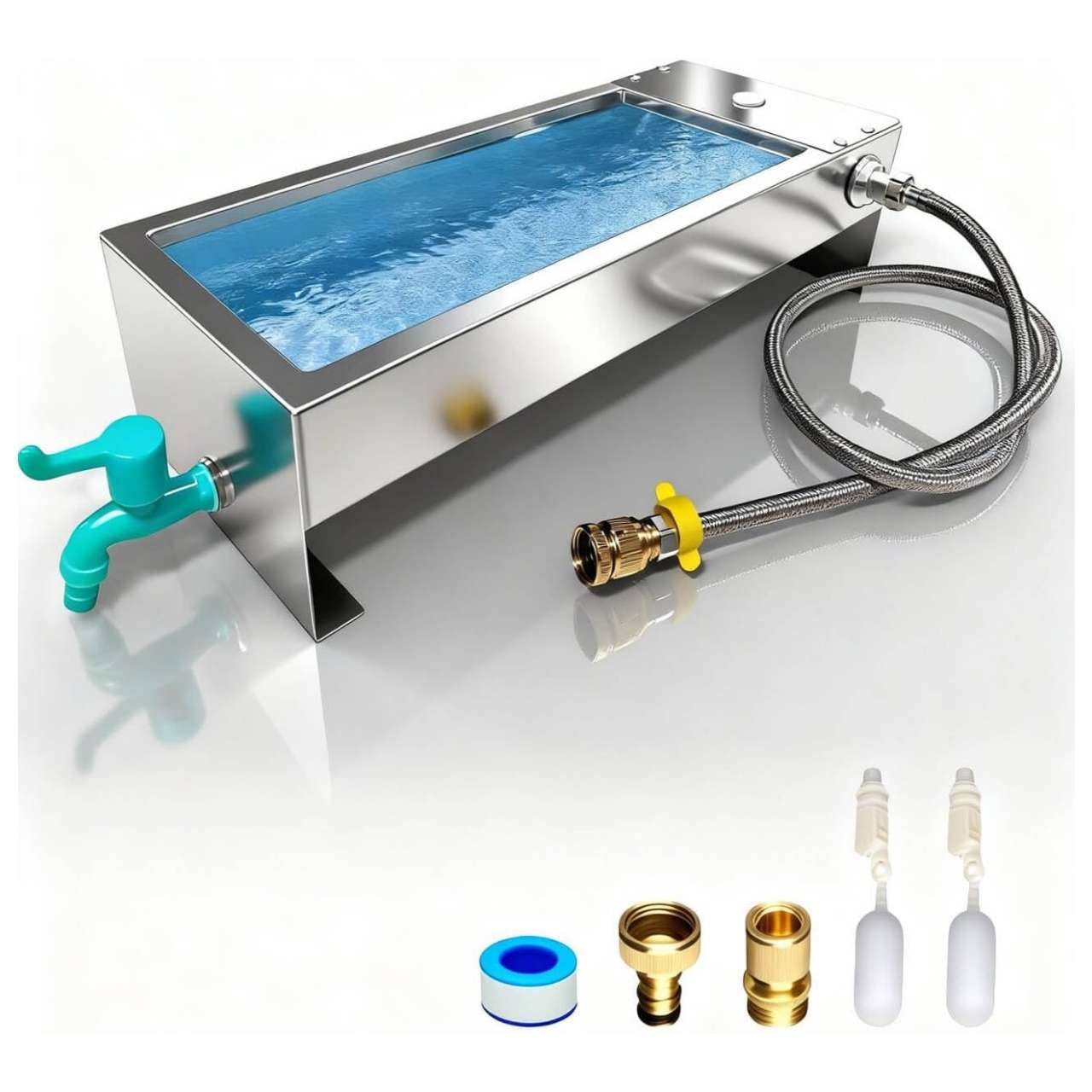 Bebedero automatico antivuelco de acero inoxidable de 11 litros con patas para anclar al piso y sistema de flotador para perros y ganado.