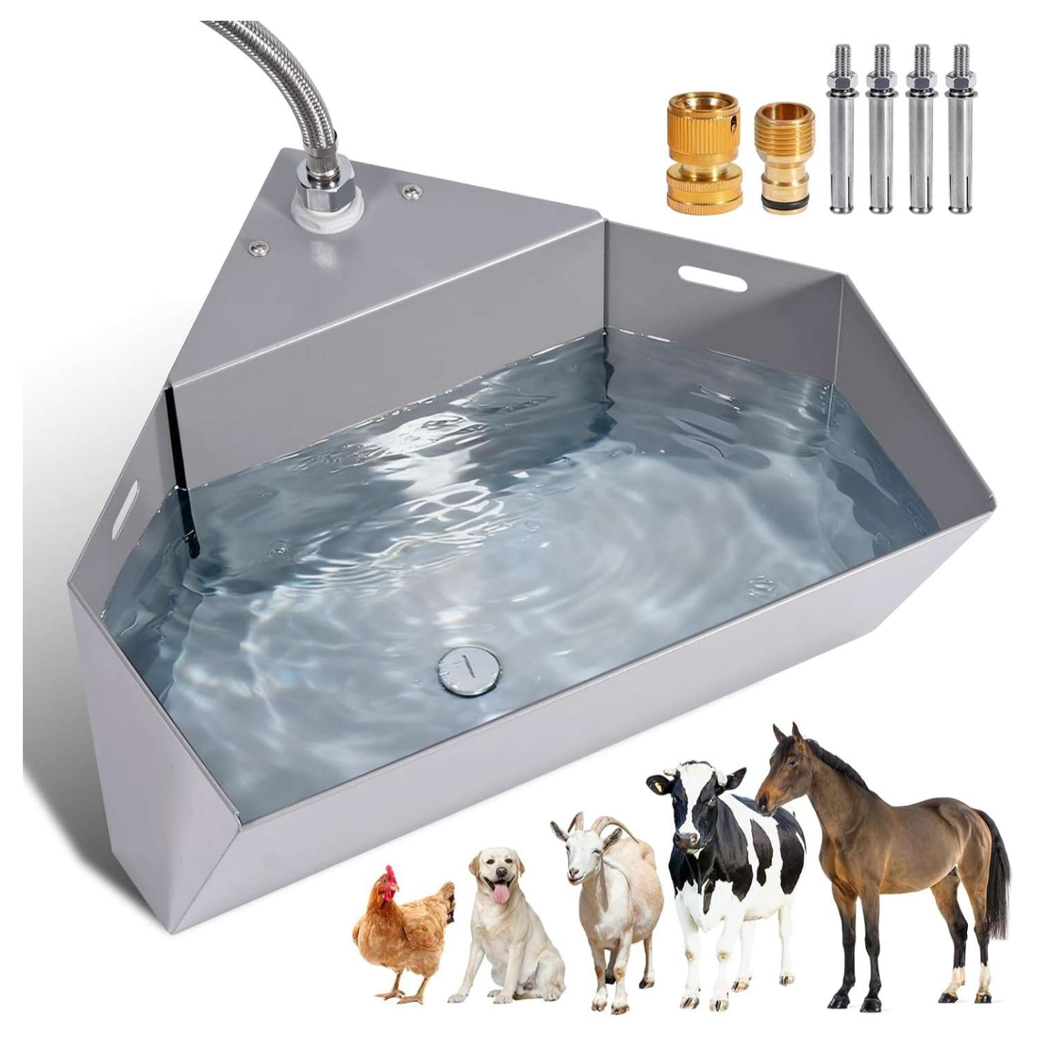 Bebedero automatico esquinero de acero inoxidable de 6 litros con flotador y drenaje rapido para perros grandes y ganado.