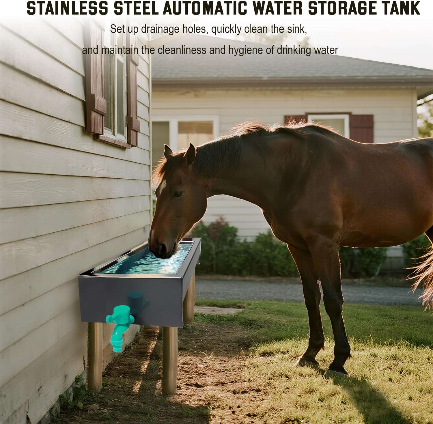 Bebedero automatico gigante de acero inoxidable de 54 litros y 100 centimetros para ganado y perros grandes en parcela.