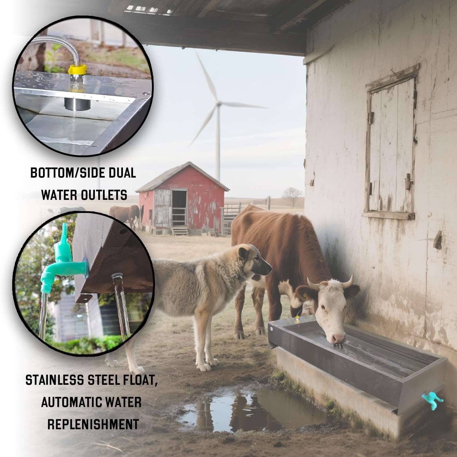 Bebedero automatico gigante de acero inoxidable de 54 litros y 100 centimetros para ganado y perros grandes en parcela.
