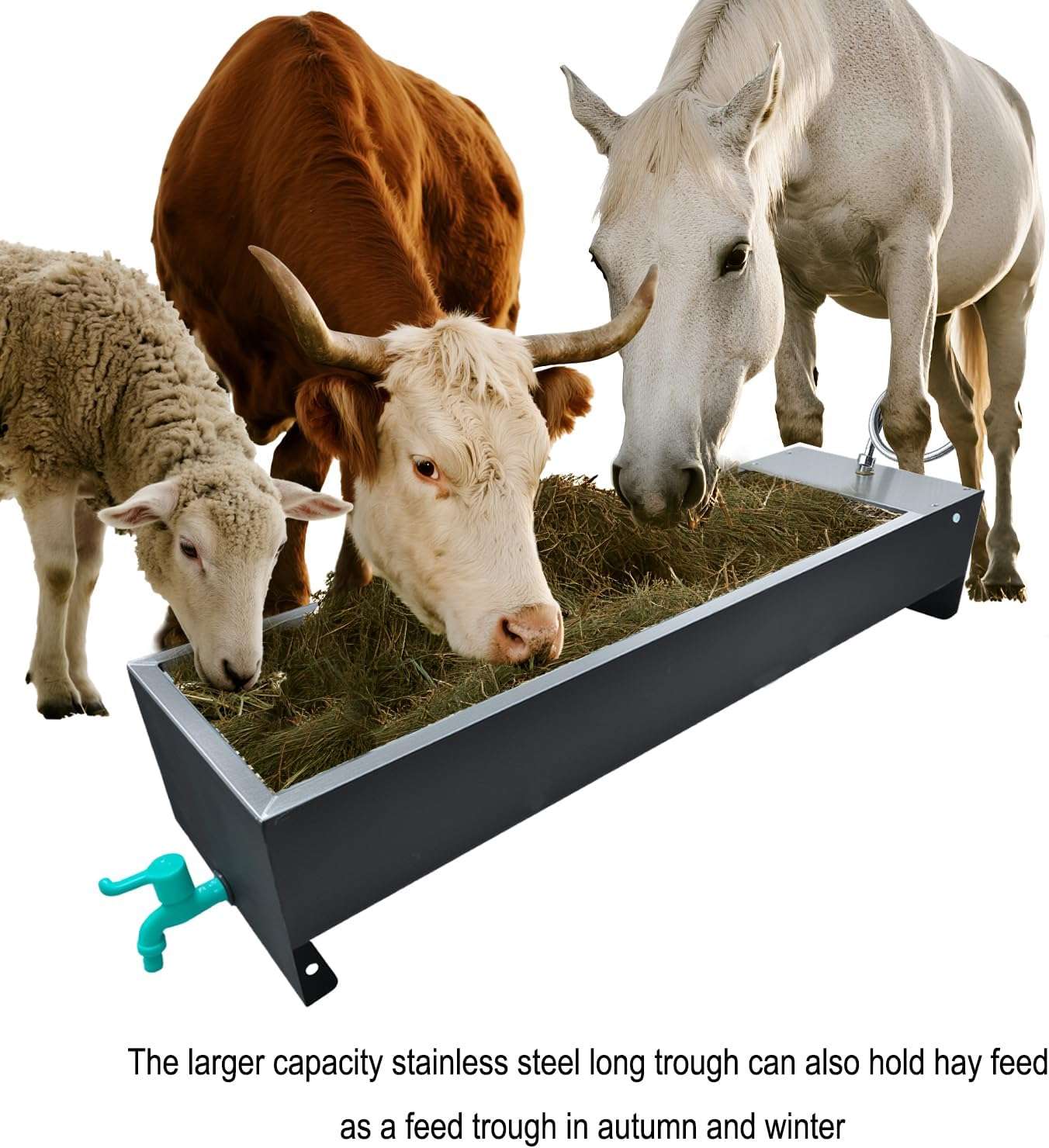 Bebedero automatico gigante de acero inoxidable de 54 litros y 100 centimetros para ganado y perros grandes en parcela.