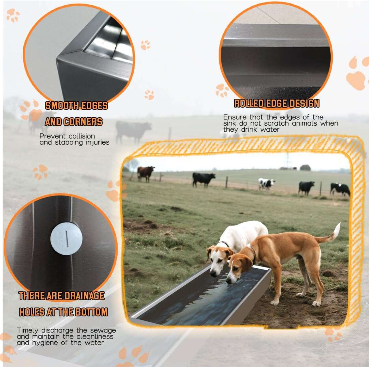 Bebedero automatico gigante de acero inoxidable de 54 litros y 100 centimetros para ganado y perros grandes en parcela.