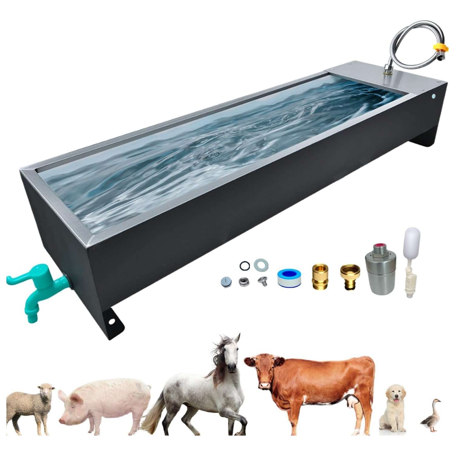 Bebedero automatico gigante de acero inoxidable de 54 litros y 100 centimetros para ganado y perros grandes en parcela.