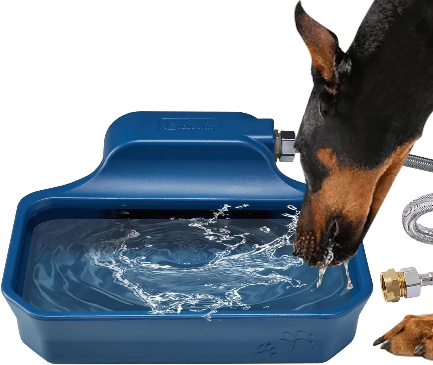 Bebedero automatico de exterior con flotador para perros conectado a la manguera del jardin.
