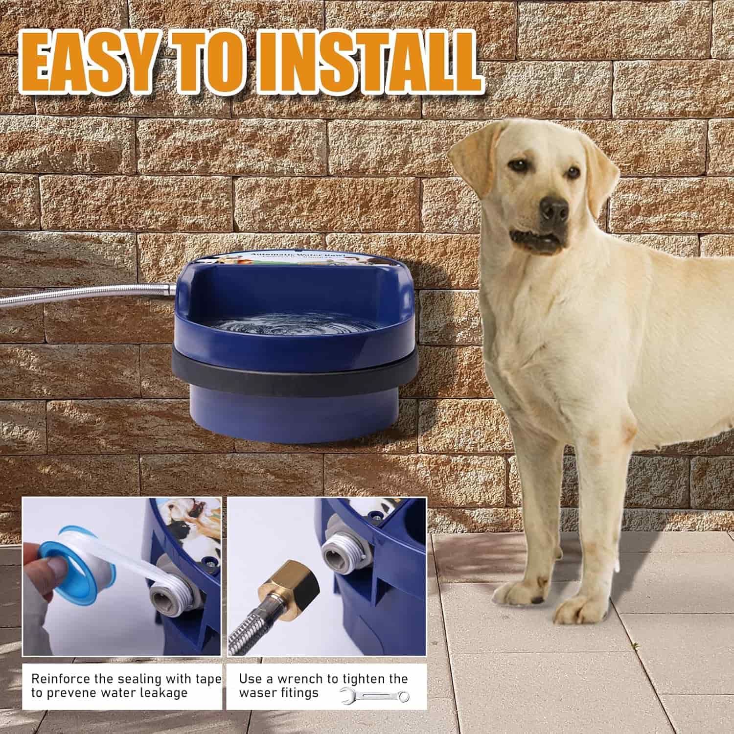 Bebedero automatico de plastico de 2 litros con conexion a manguera instalado en la pared para perros.