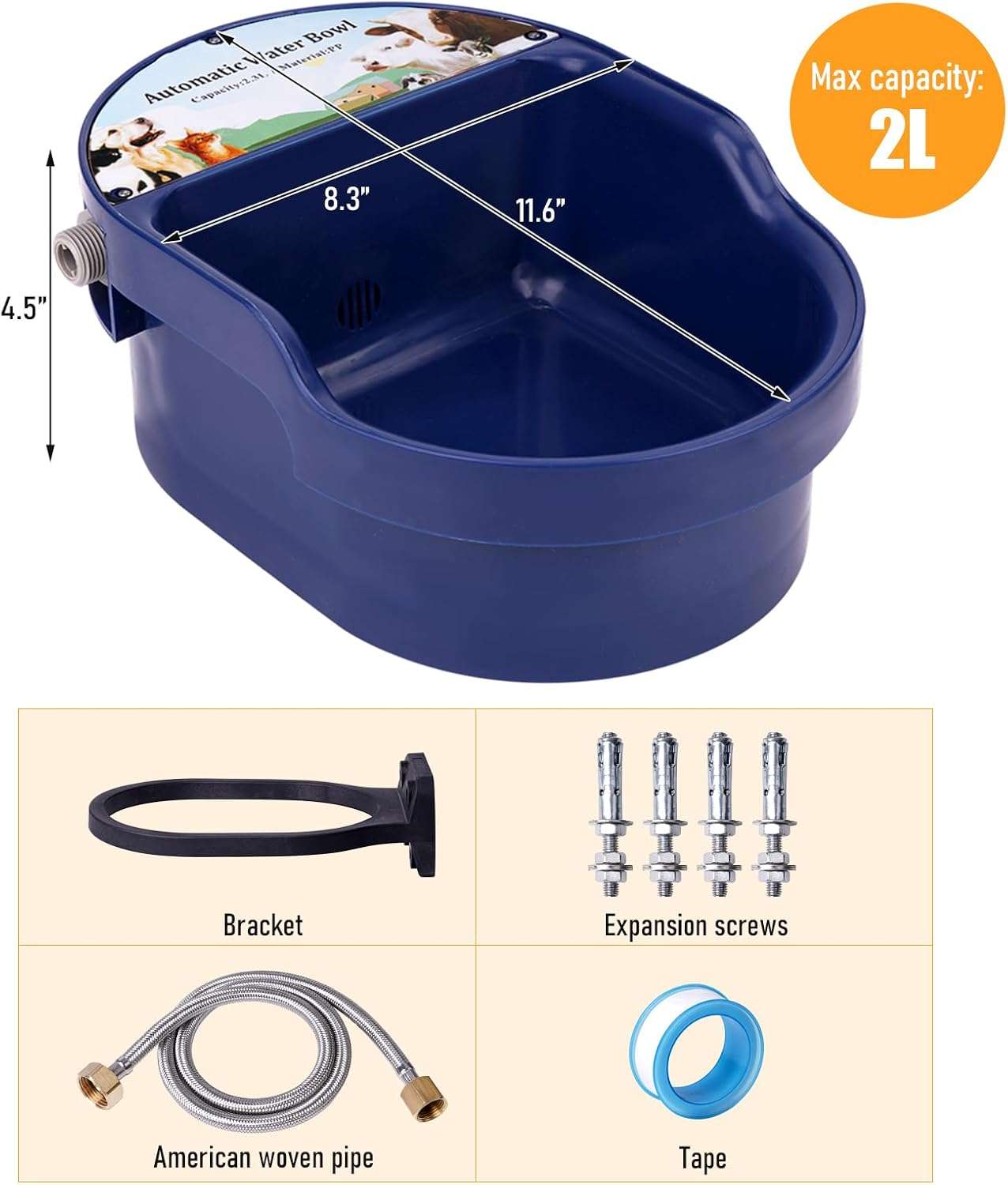 Bebedero automatico de plastico de 2 litros con conexion a manguera instalado en la pared para perros.