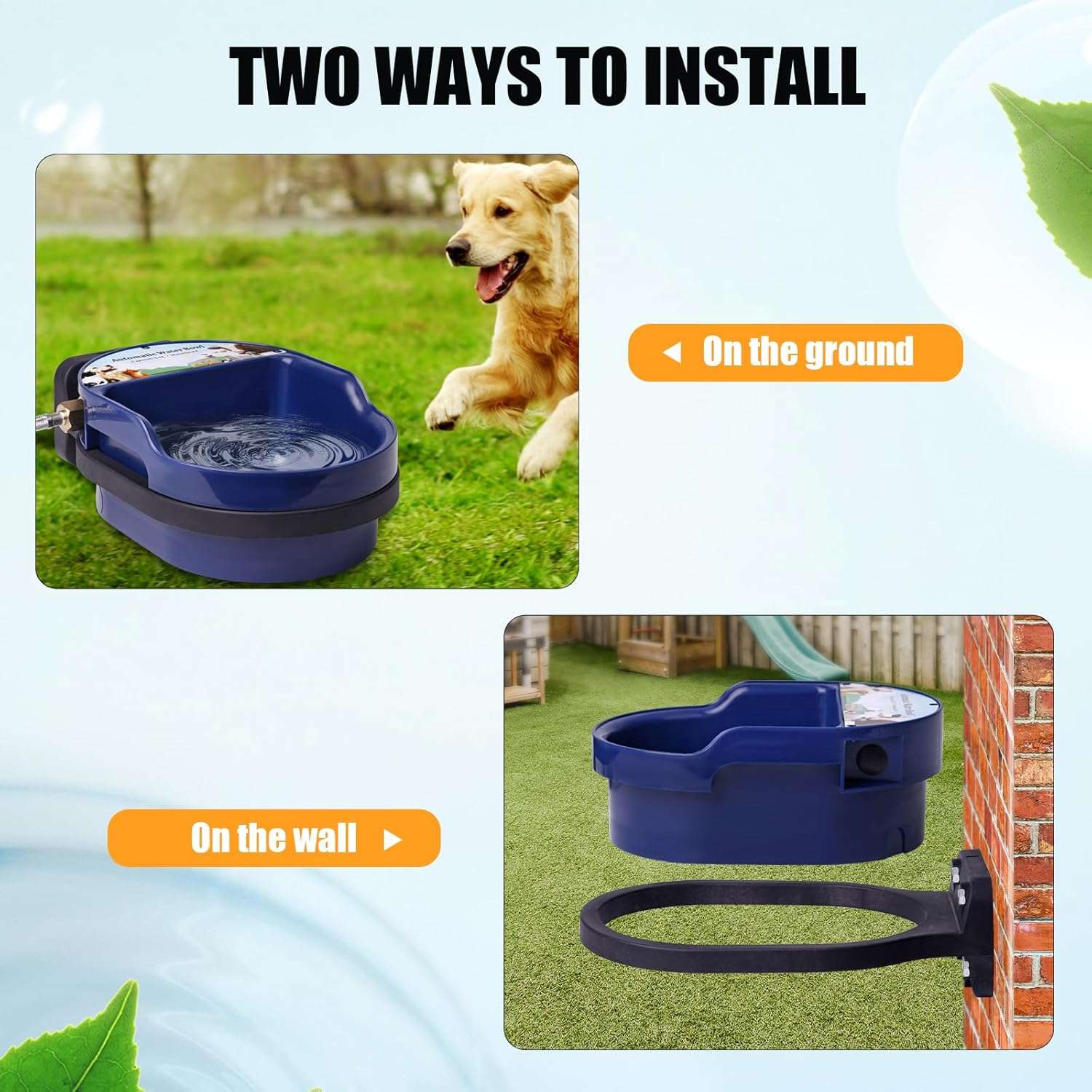 Bebedero automatico de plastico de 2 litros con conexion a manguera instalado en la pared para perros.