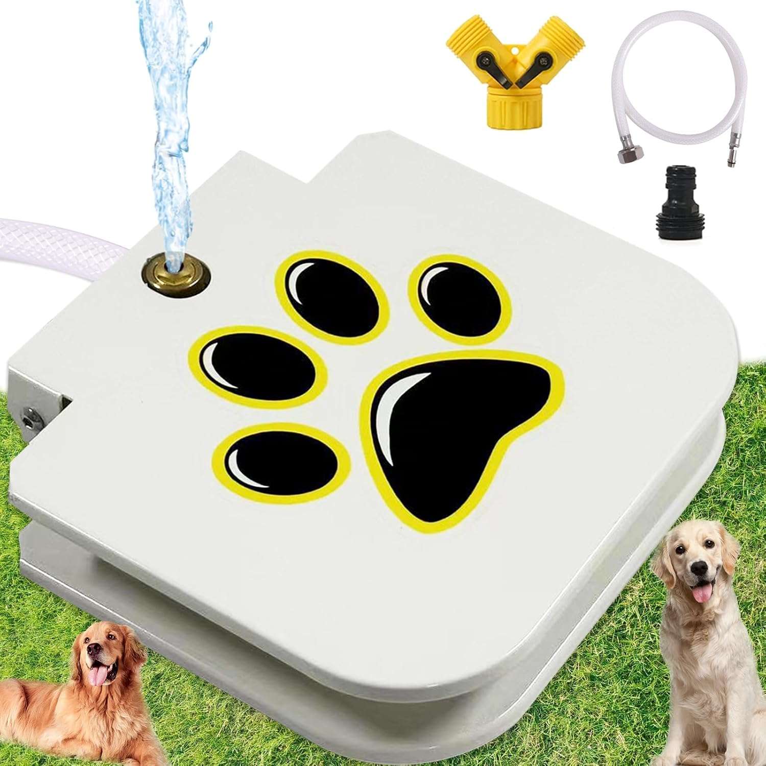 Fuente de agua a pedal para perros de acero con manguera antimordeduras para exterior y jardin.