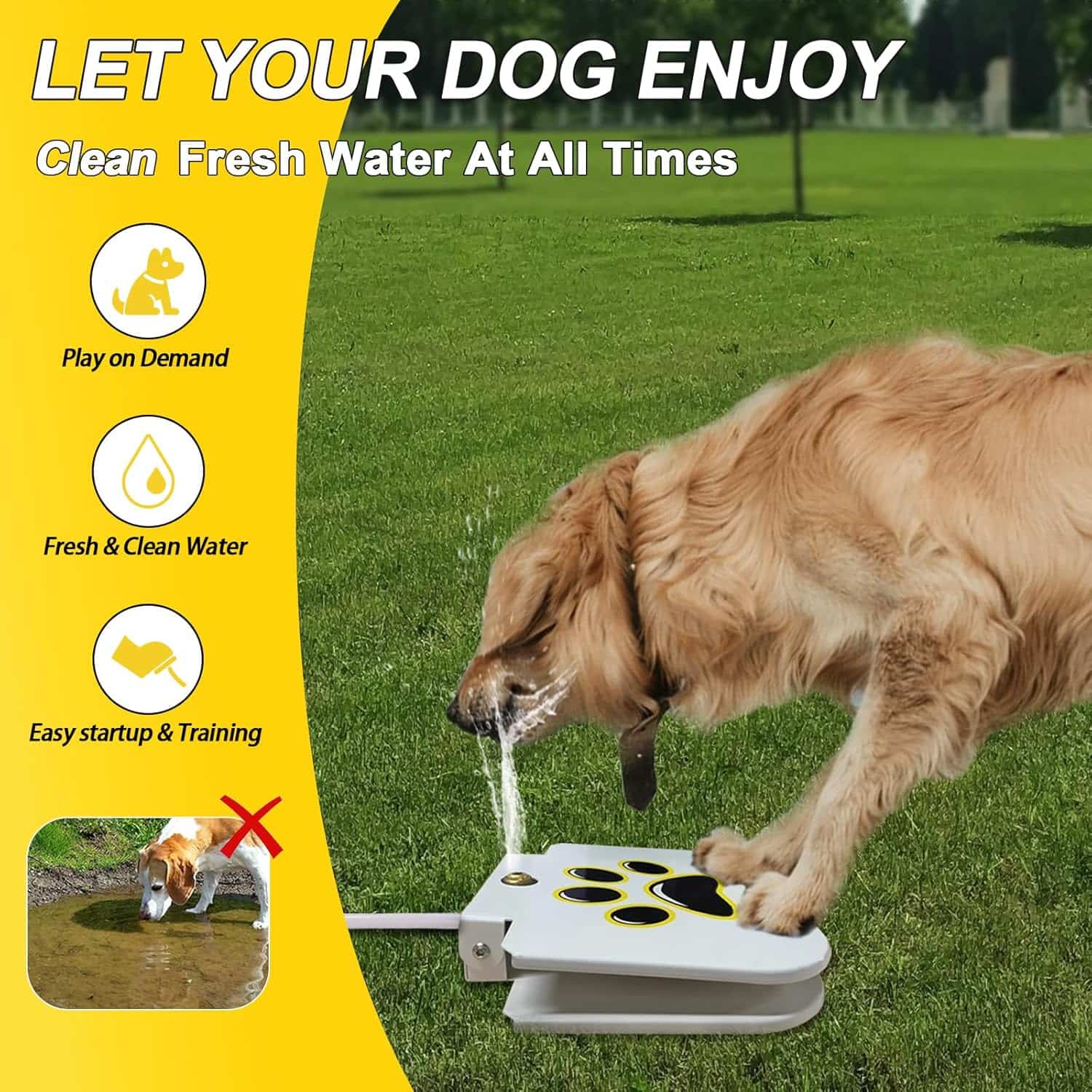 Fuente de agua a pedal para perros de acero con manguera antimordeduras para exterior y jardin.