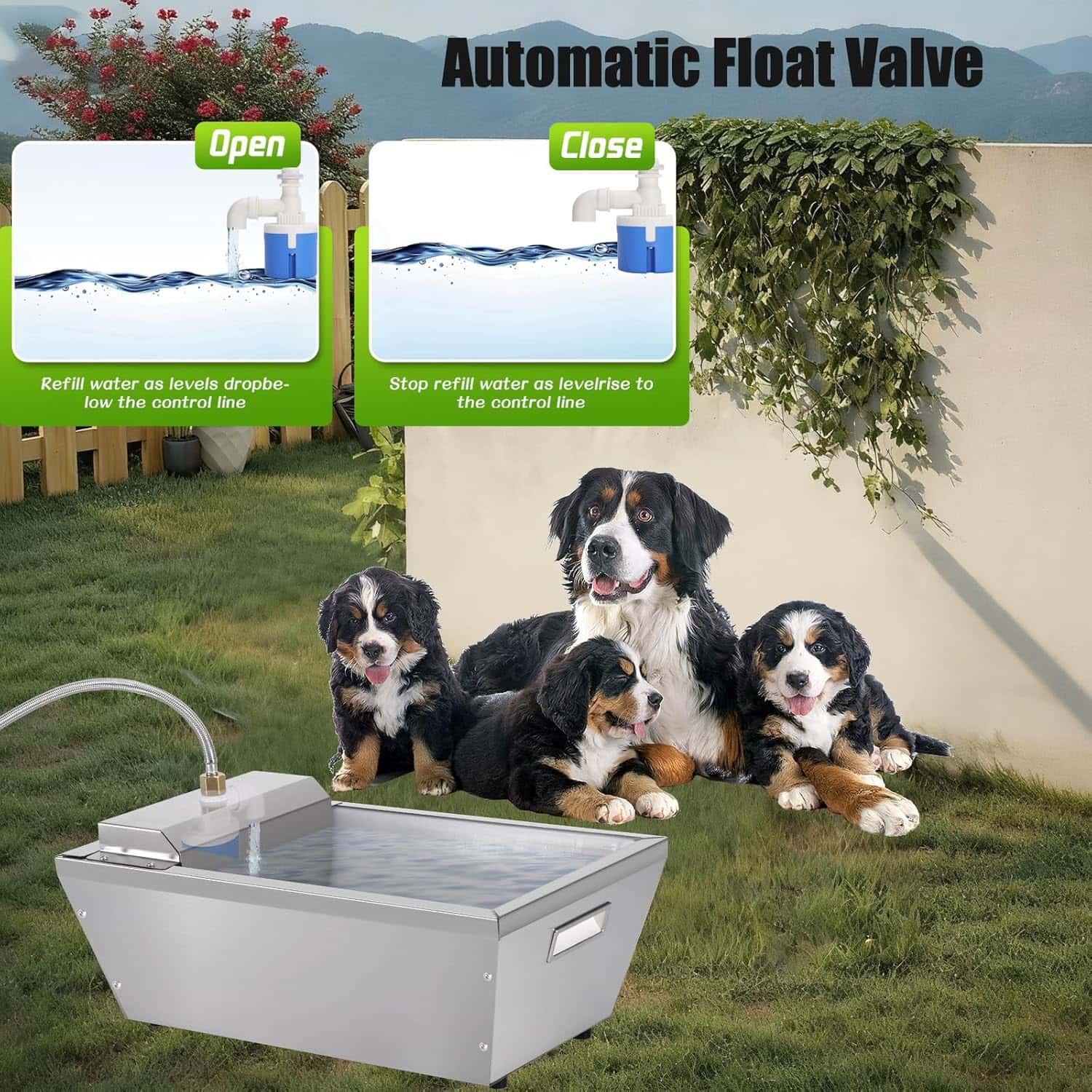 Bebedero automatico de doble capa de 15 litros para perros y ganado instalado en exterior.