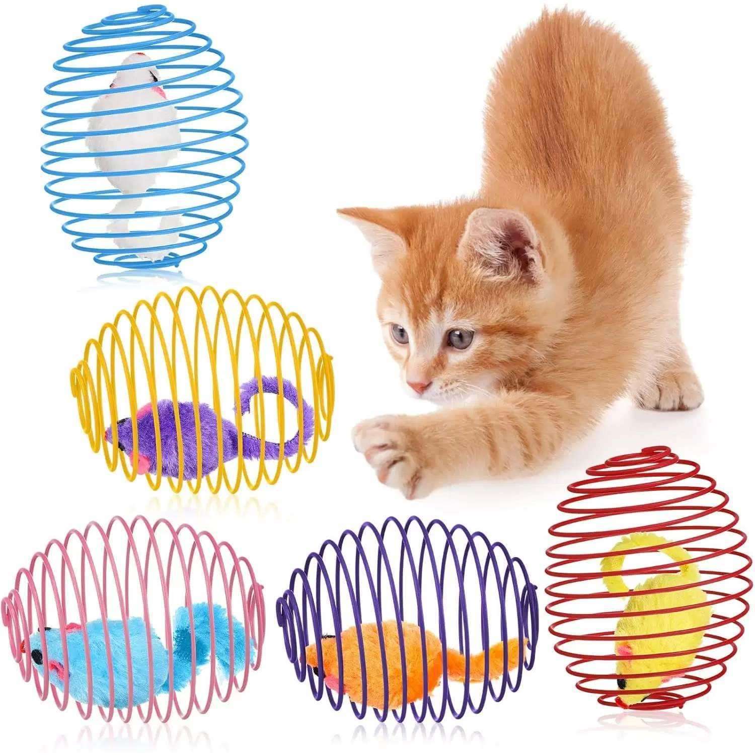 set de 5 pelotas de resorte con ratones de peluche en su interior de 6 centimetros y medio para gatos ideal para chile
