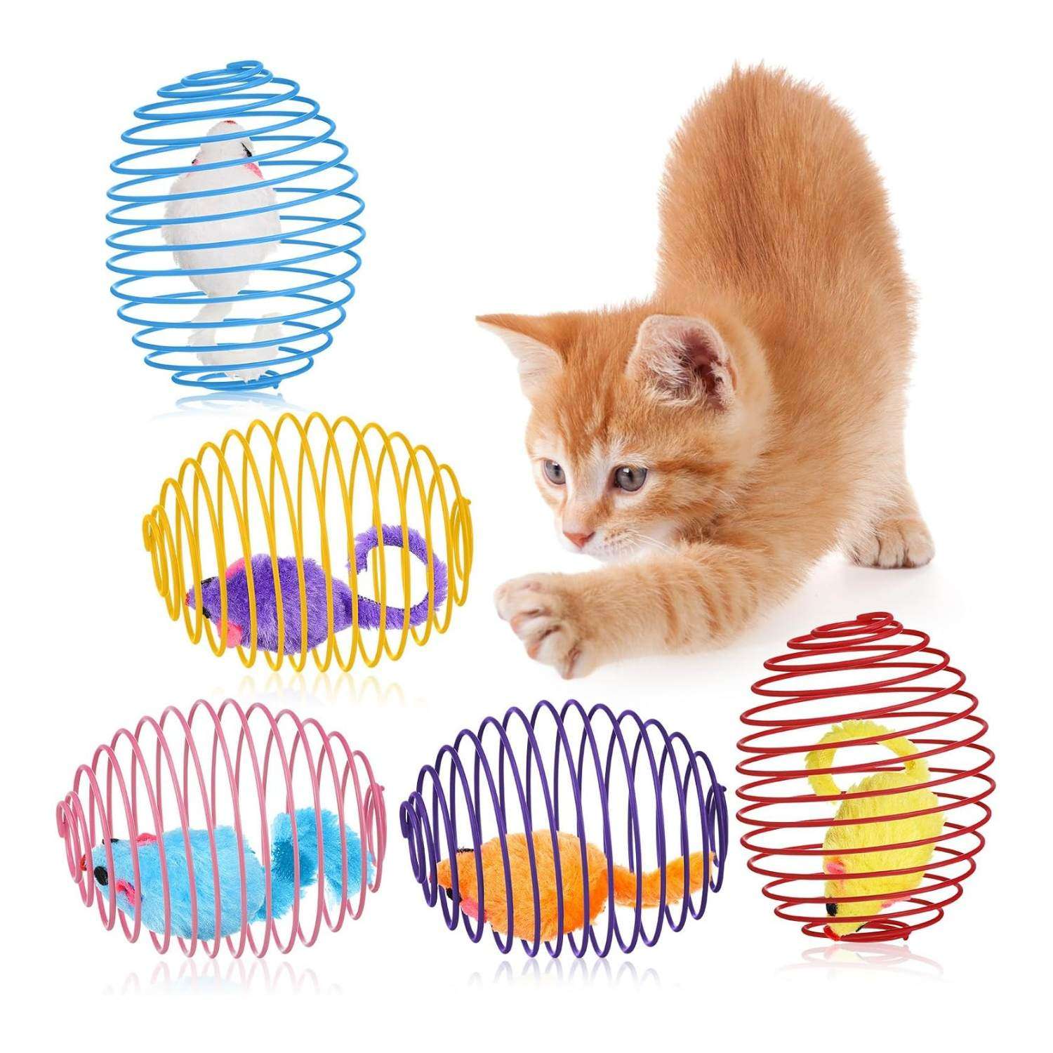 set de 5 pelotas de resorte con ratones de peluche en su interior de 6 centimetros y medio para gatos ideal para chile