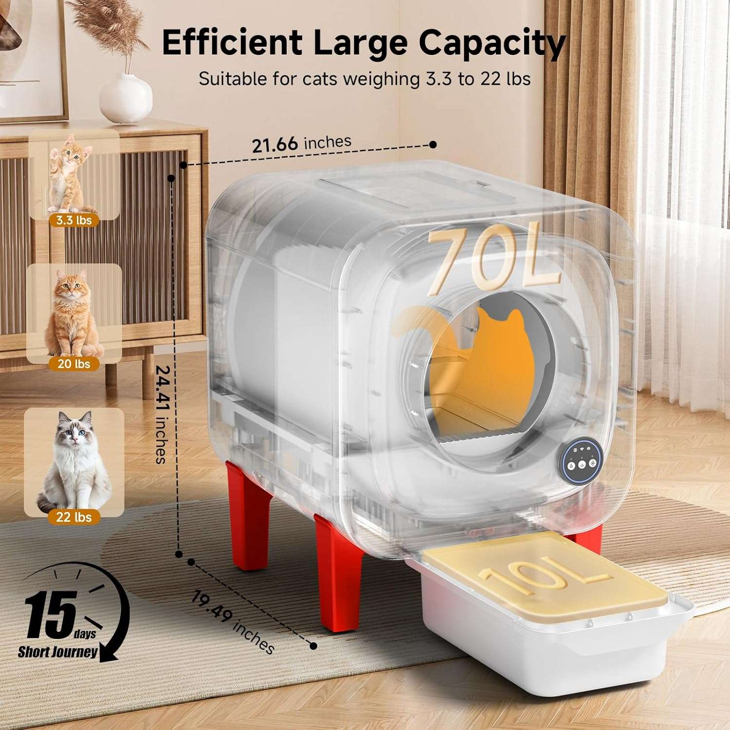 arenero automatico gatos autolimpiable wifi 70 litros 55x50x62 centimetros silencioso ideal para chile