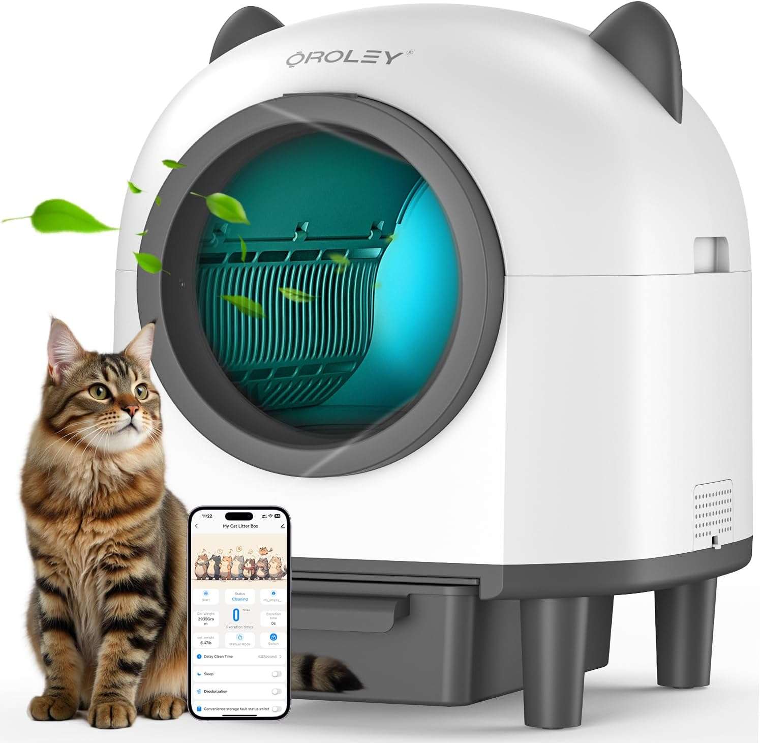 caja de arena autolimpiante inteligente para gatos con control de olores, sensores de seguridad y conexión por aplicación