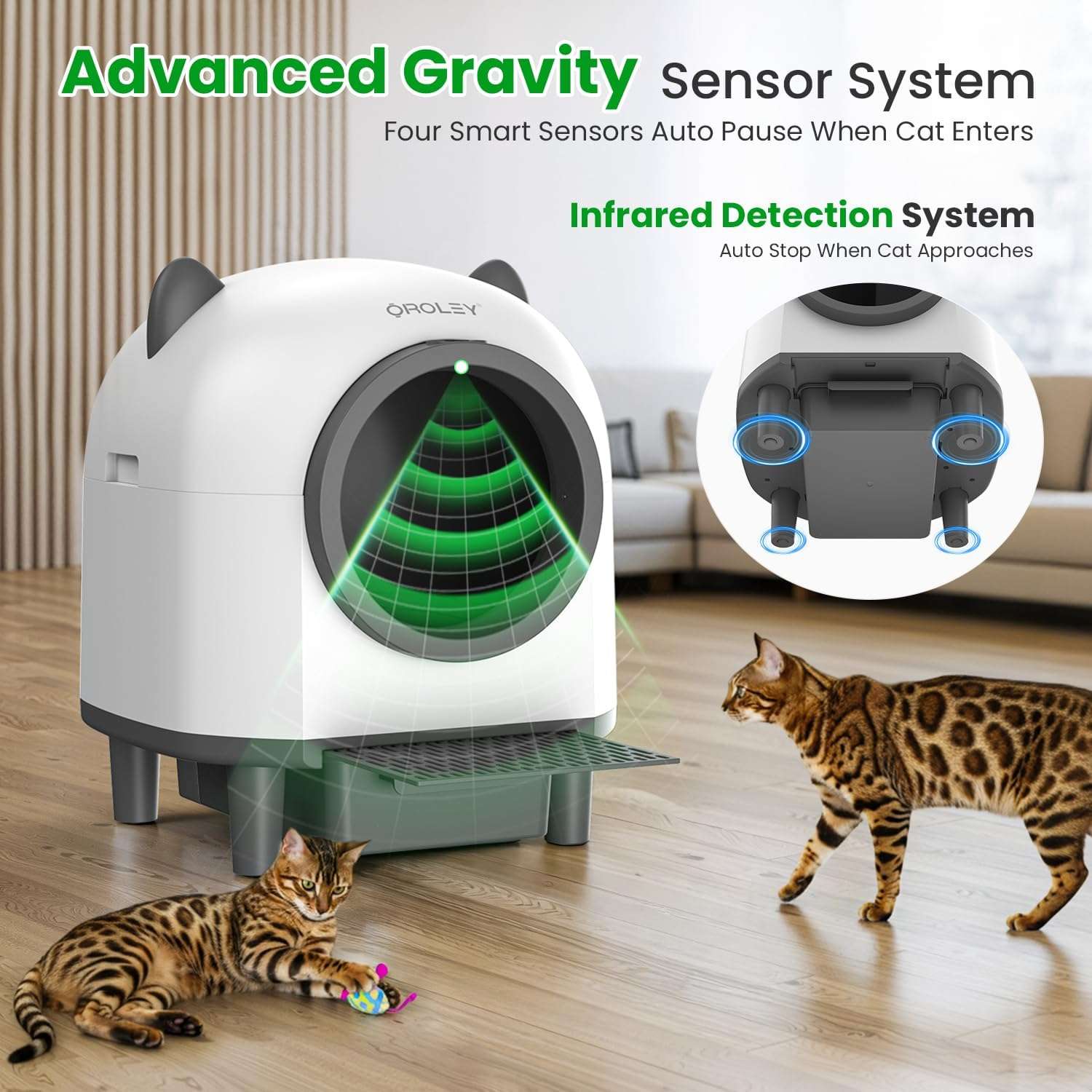 caja de arena autolimpiante inteligente para gatos con control de olores, sensores de seguridad y conexión por aplicación
