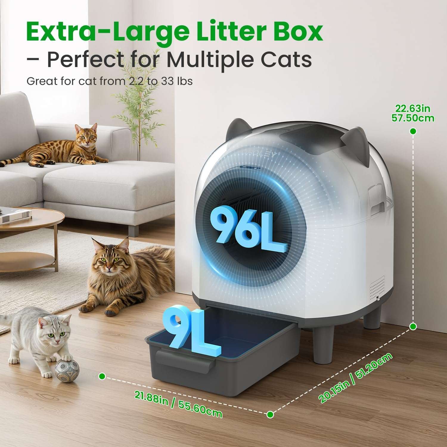 caja de arena autolimpiante inteligente para gatos con control de olores, sensores de seguridad y conexión por aplicación
