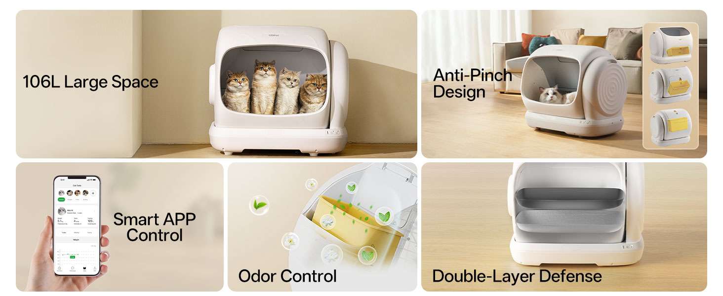 caja de arena automatica gatos autolimpiable 106 litros 63x51x57 centimetros control olores ideal para chile