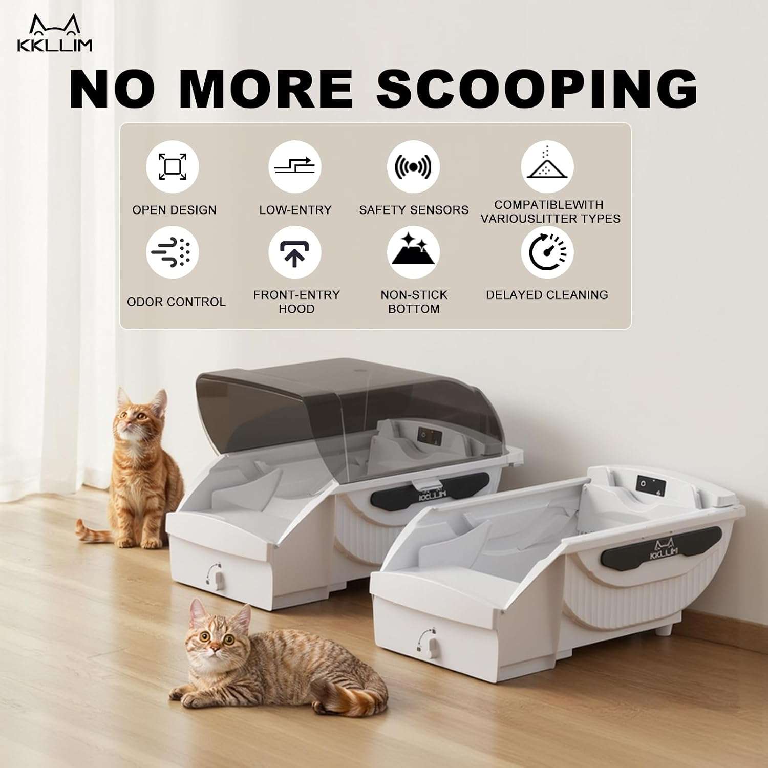 caja de arena autolimpiante abierta para gatos con rastrillo automático, sensores de seguridad y control de olores