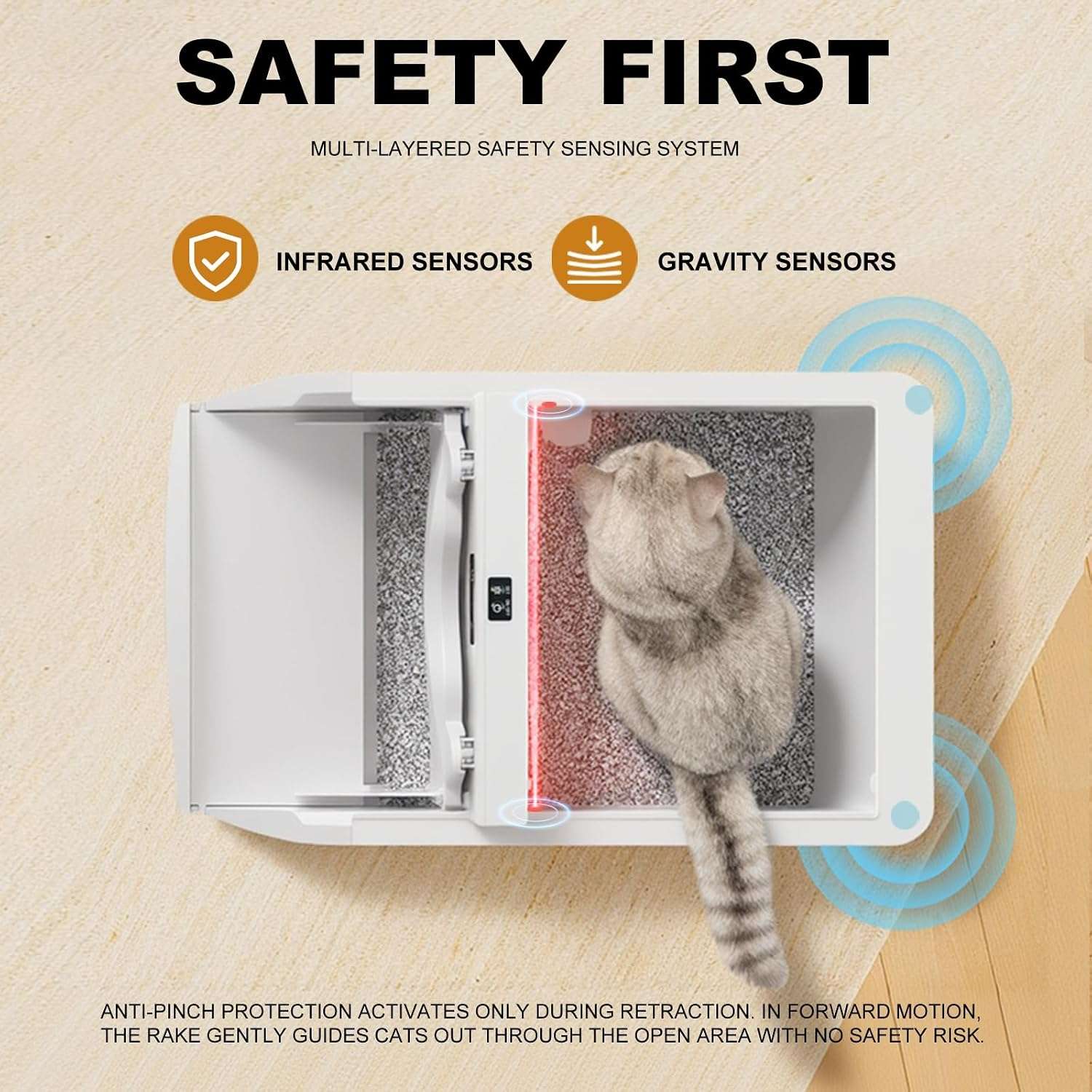 caja de arena autolimpiante abierta para gatos con rastrillo automático, sensores de seguridad y control de olores