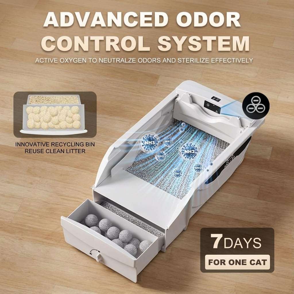 caja de arena autolimpiante abierta para gatos con rastrillo automático, sensores de seguridad y control de olores