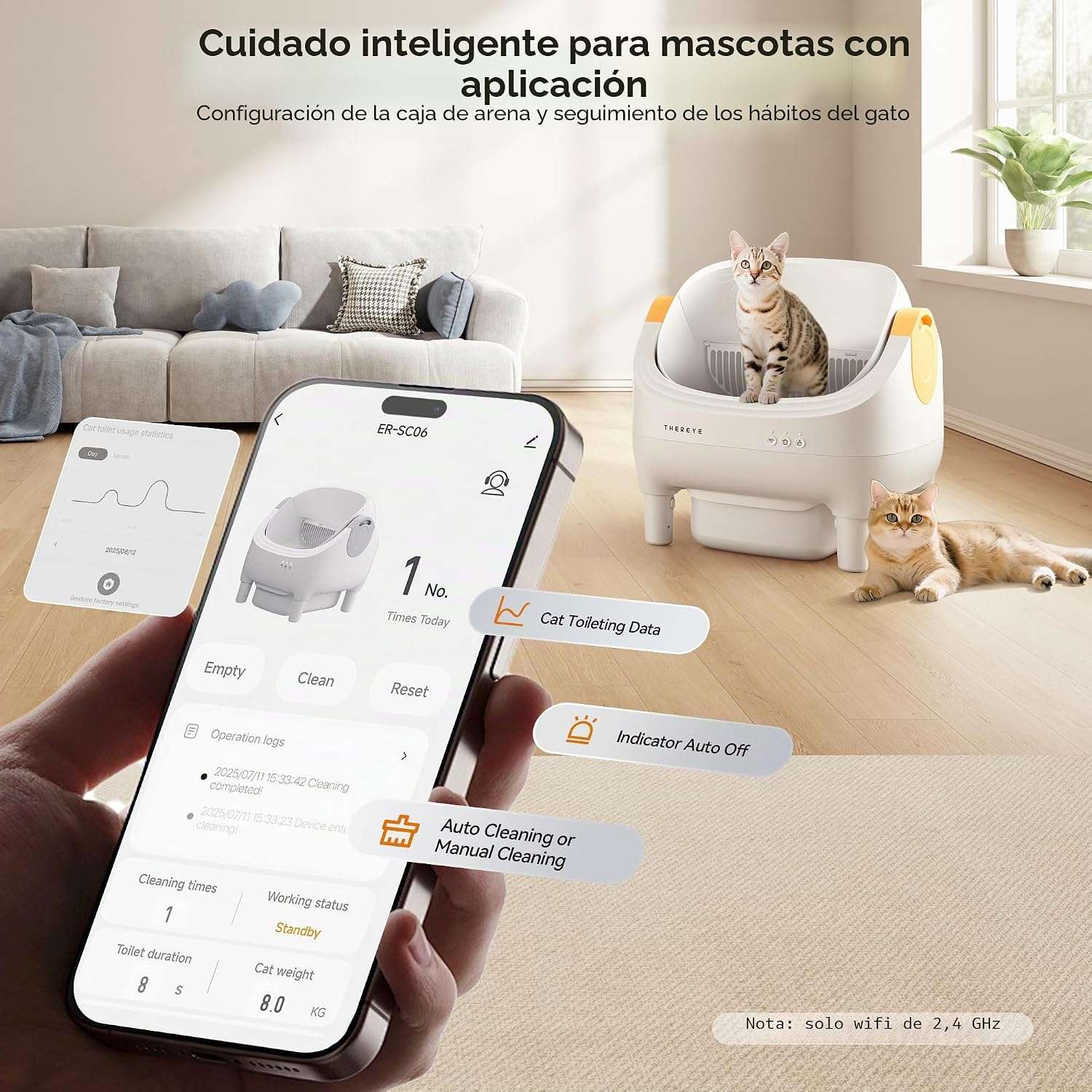 caja de arena autolimpiante abierta inteligente para gatos con sensores de seguridad y control por aplicación