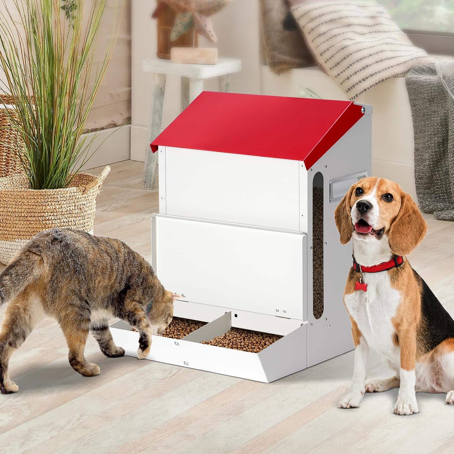 Comedero automatico doble por gravedad de 6 kilos de acero galvanizado para pared especial para perros y gatos