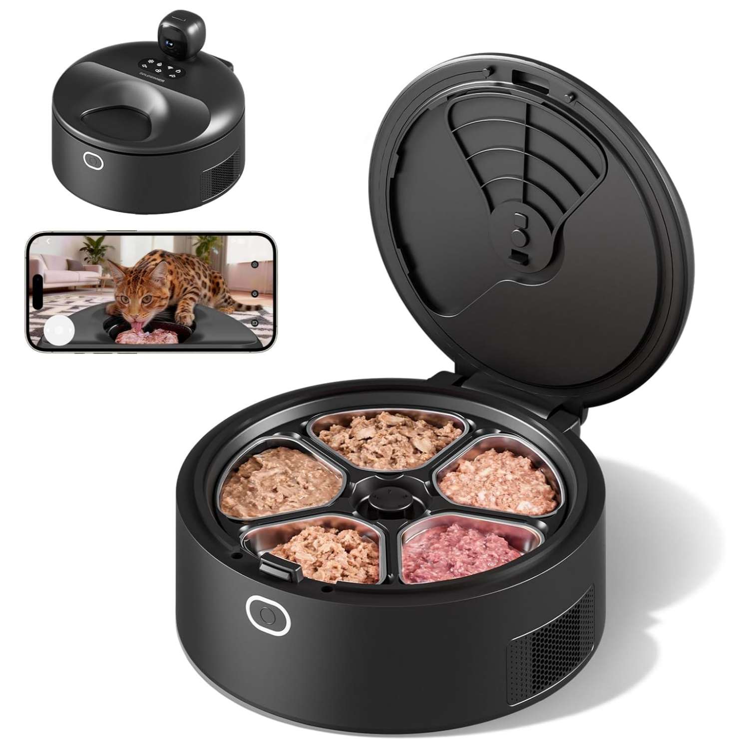 Comedero automatico inteligente con refrigerador y camara para 5 raciones de comida humeda de mascotas.