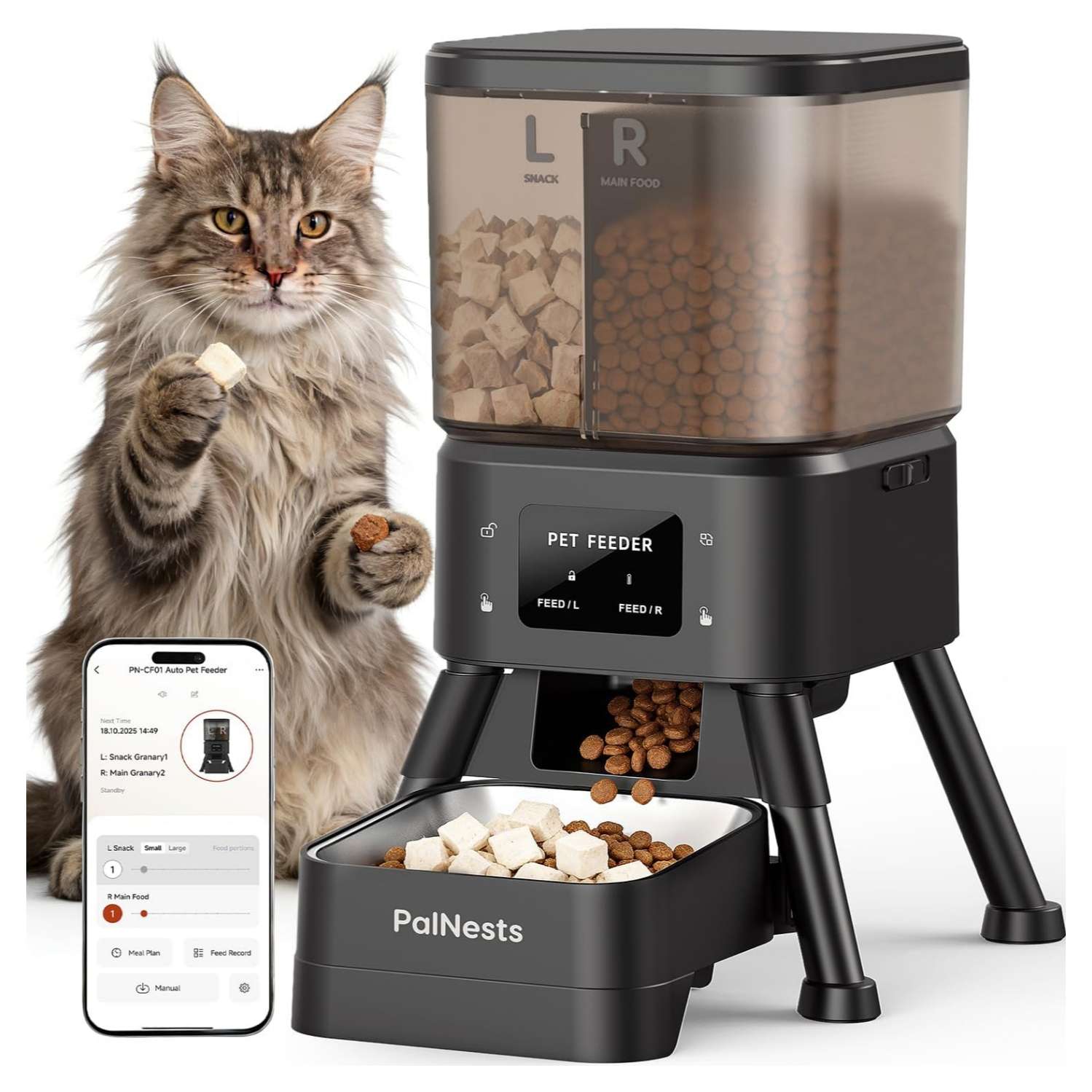 Comedero automatico inteligente de doble compartimento de 2 kilos con wifi y app para perros y gatos