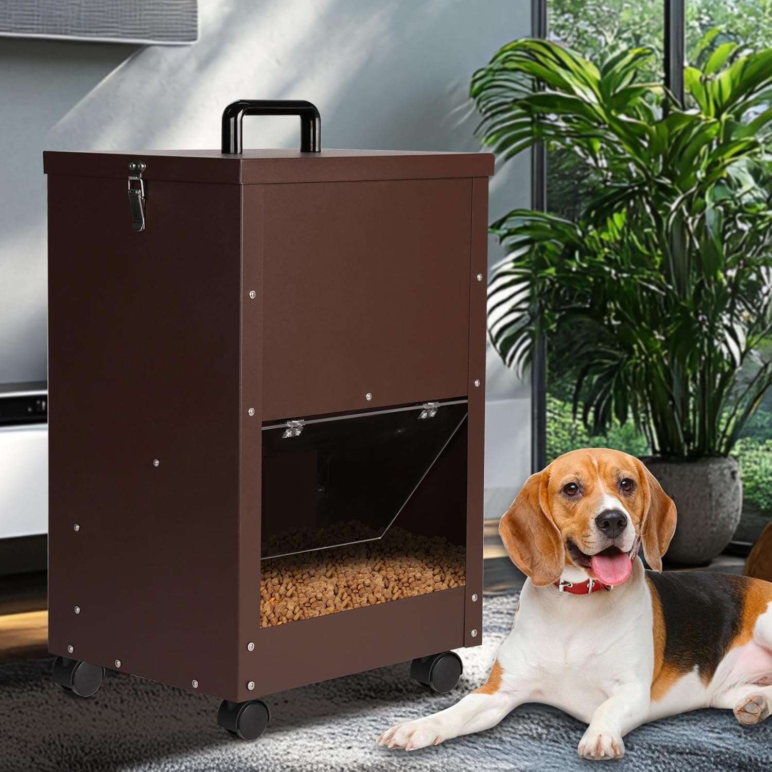 Comedero automatico de acero galvanizado de 20 kilos por gravedad con ruedas y puerta transparente para perros grandes
