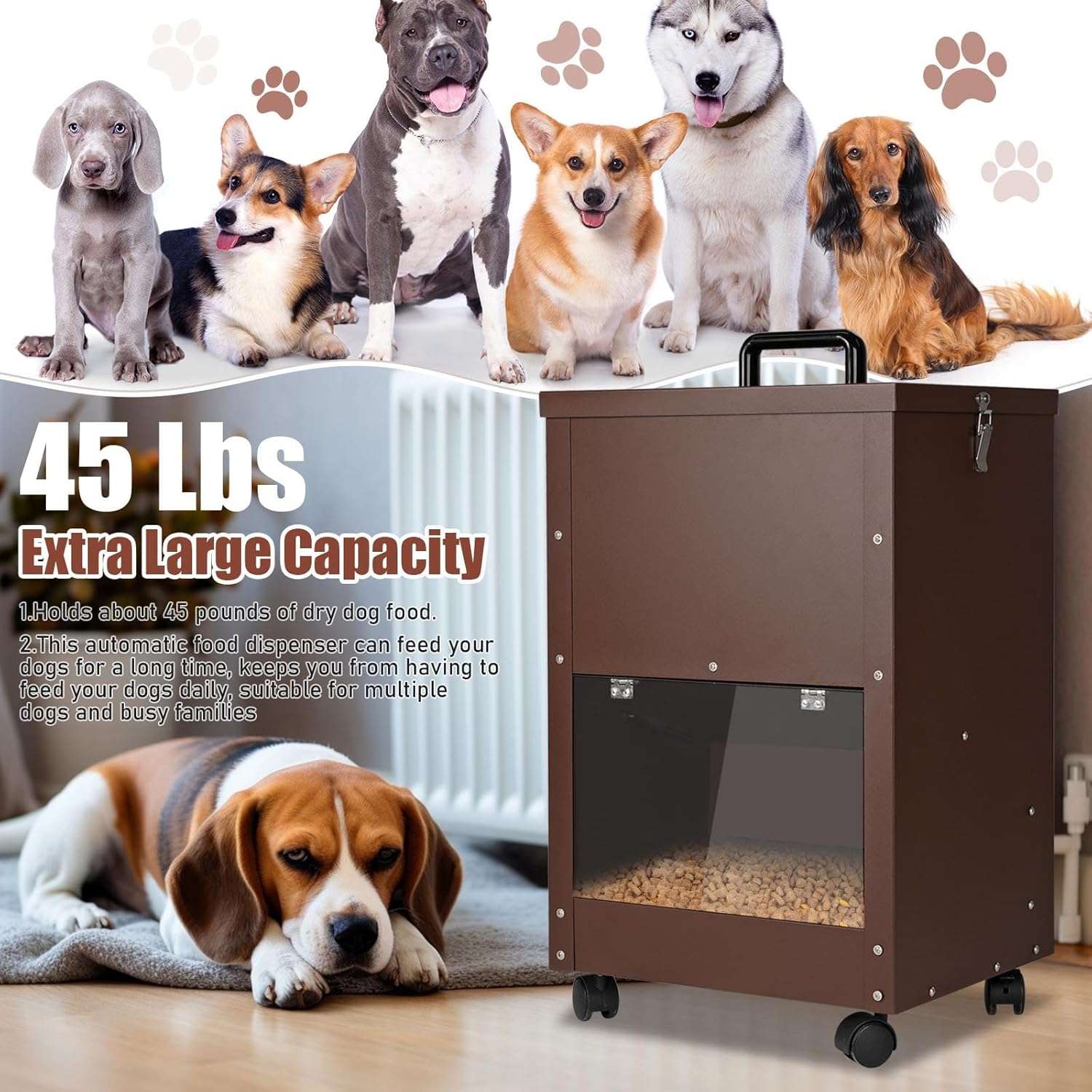 Comedero automatico de acero galvanizado de 20 kilos por gravedad con ruedas y puerta transparente para perros grandes