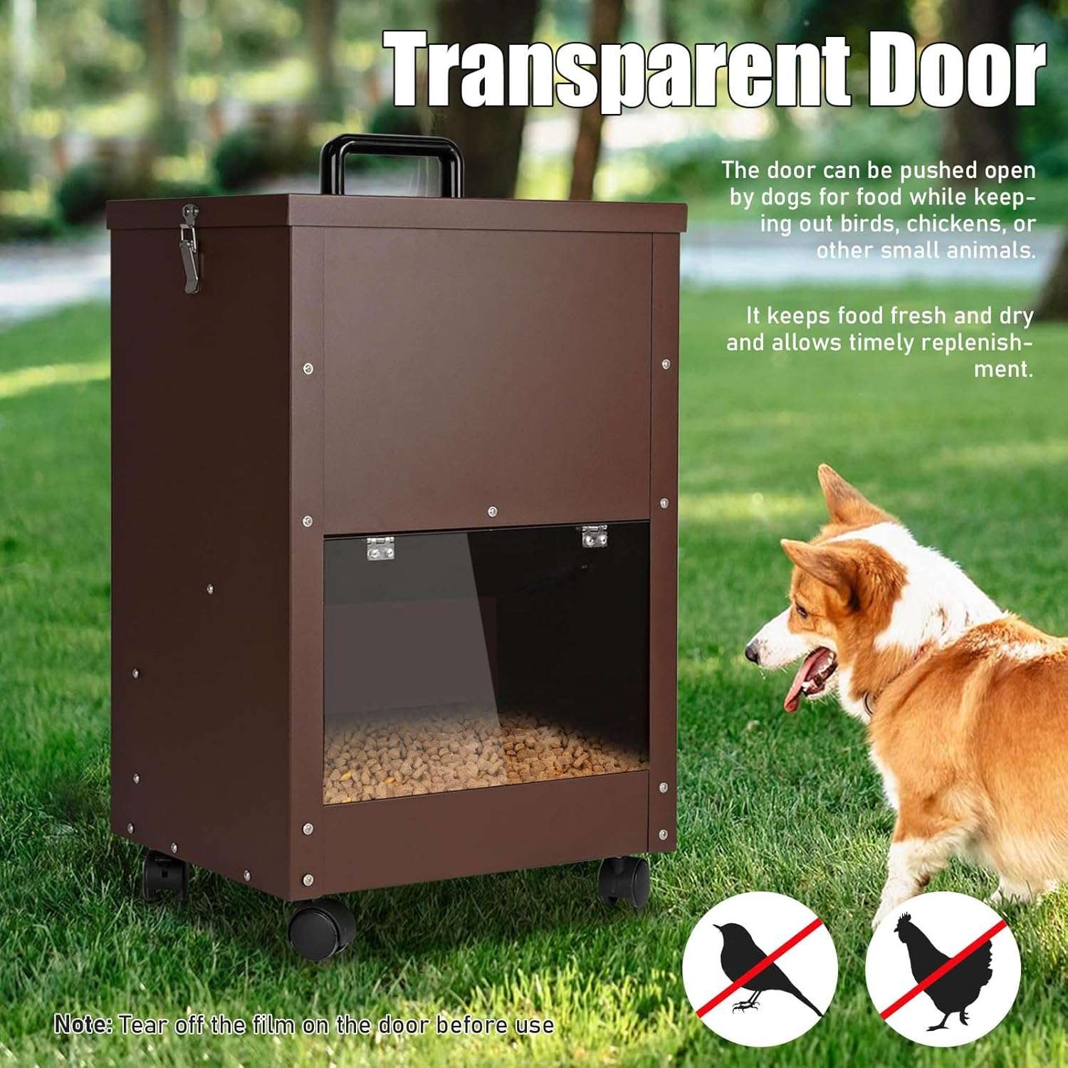 Comedero automatico de acero galvanizado de 20 kilos por gravedad con ruedas y puerta transparente para perros grandes