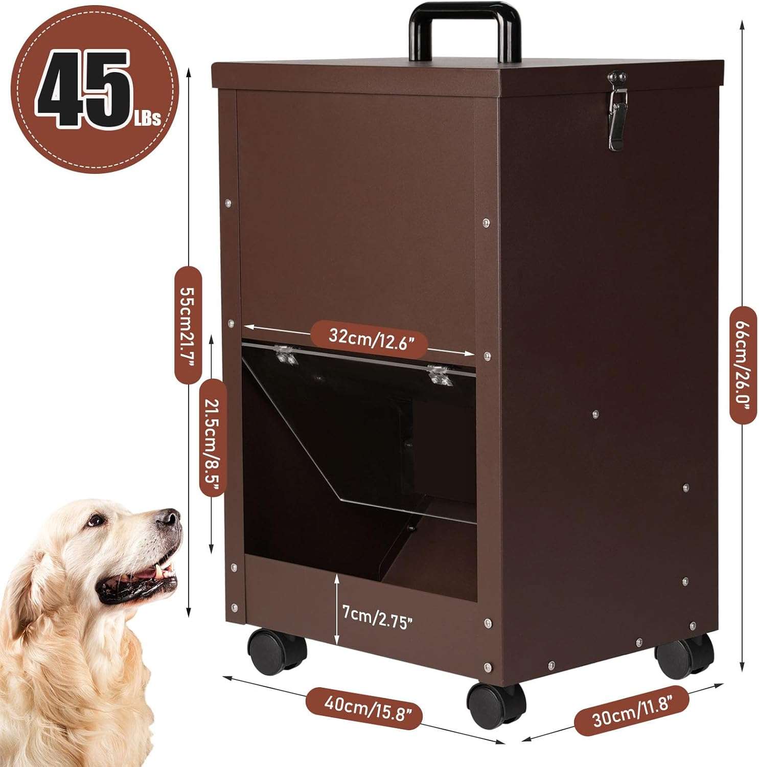 Comedero automatico de acero galvanizado de 20 kilos por gravedad con ruedas y puerta transparente para perros grandes