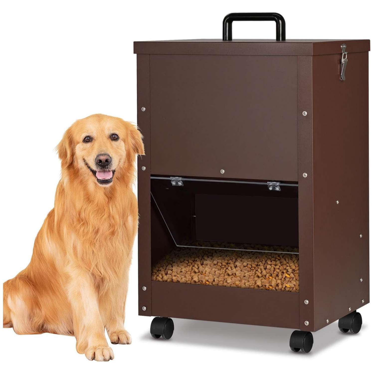 Comedero automatico de acero galvanizado de 20 kilos por gravedad con ruedas y puerta transparente para perros grandes