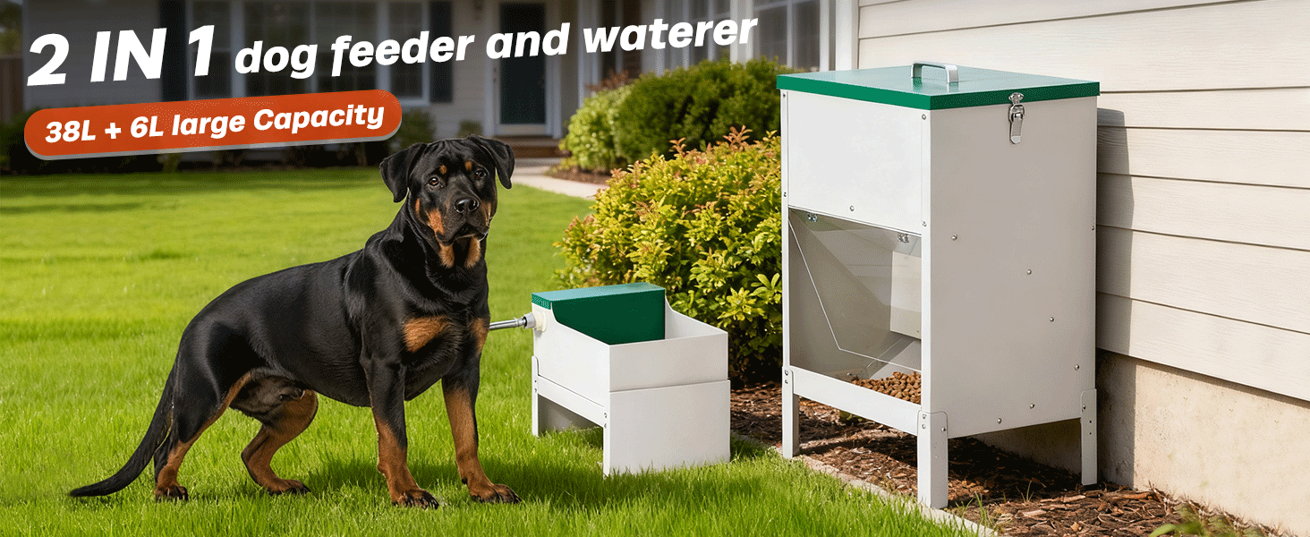 Comedero y bebedero automatico doble de metal con capacidad de 17 kilos de comida y 6 litros de agua para perros grandes en exterior
