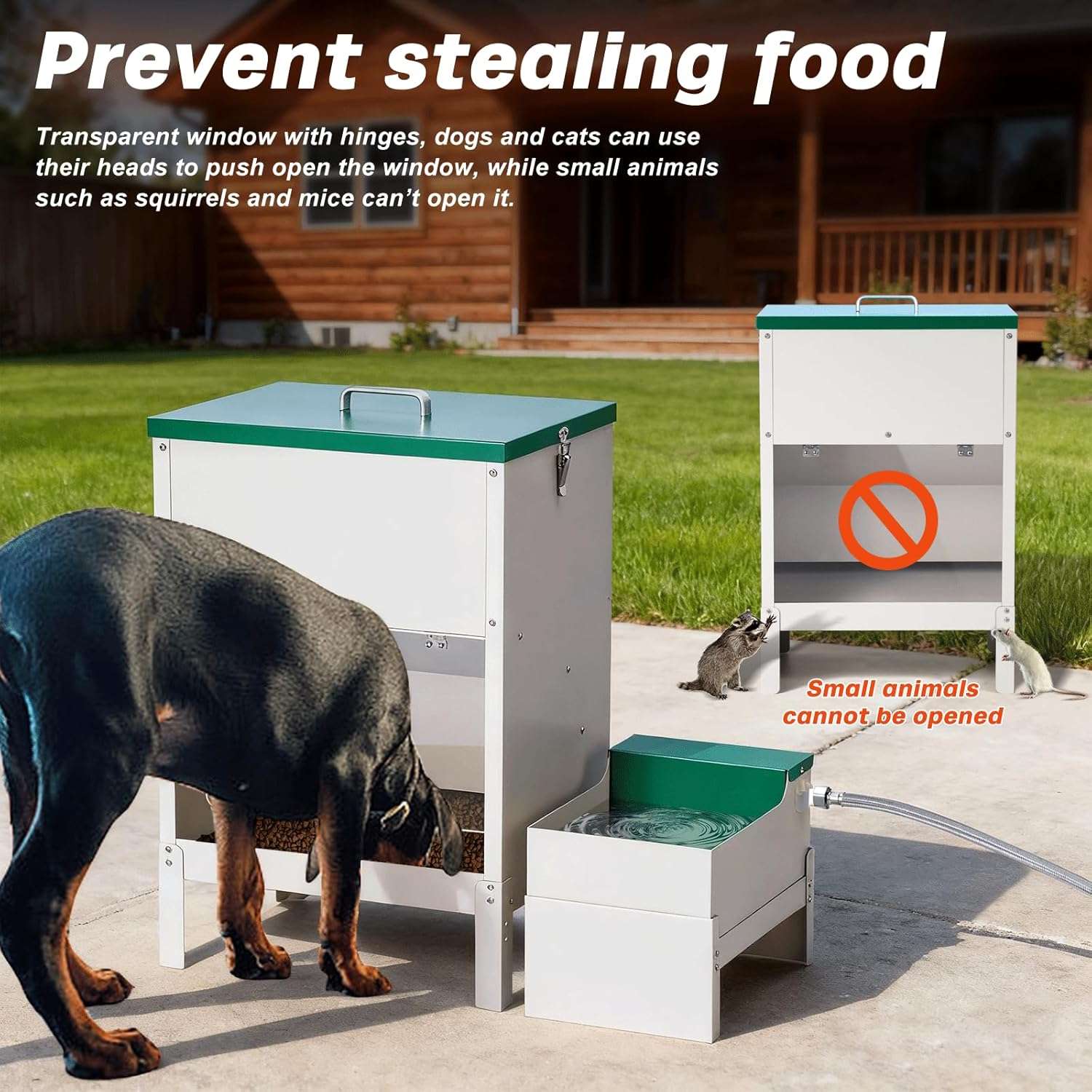 Comedero y bebedero automatico doble de metal con capacidad de 17 kilos de comida y 6 litros de agua para perros grandes en exterior