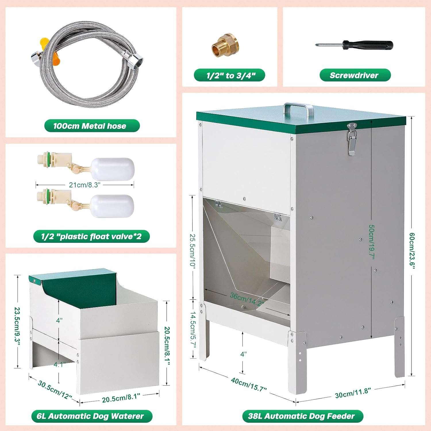 Comedero y bebedero automatico doble de metal con capacidad de 17 kilos de comida y 6 litros de agua para perros grandes en exterior