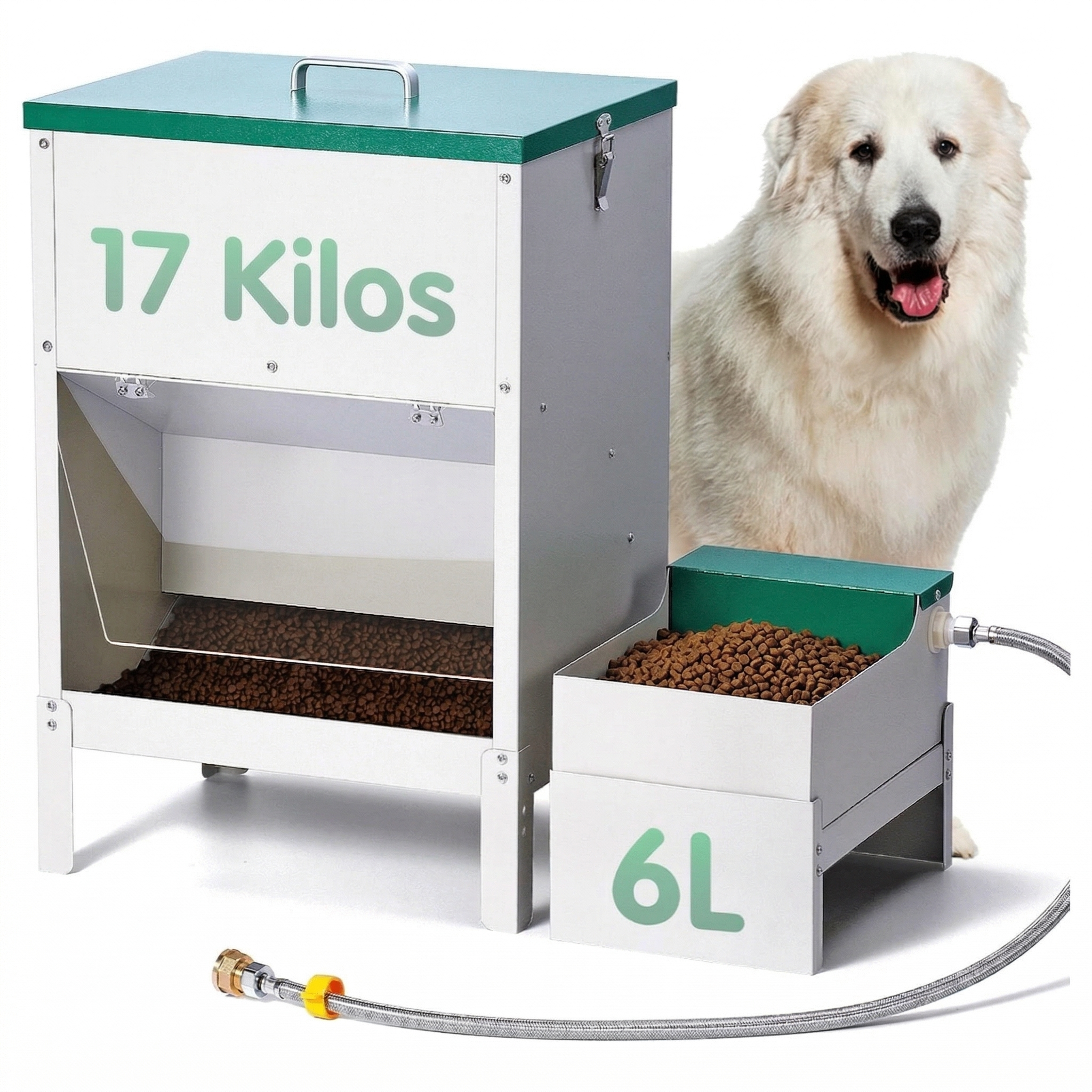 Comedero y bebedero automatico doble de metal con capacidad de 17 kilos de comida y 6 litros de agua para perros grandes en exterior