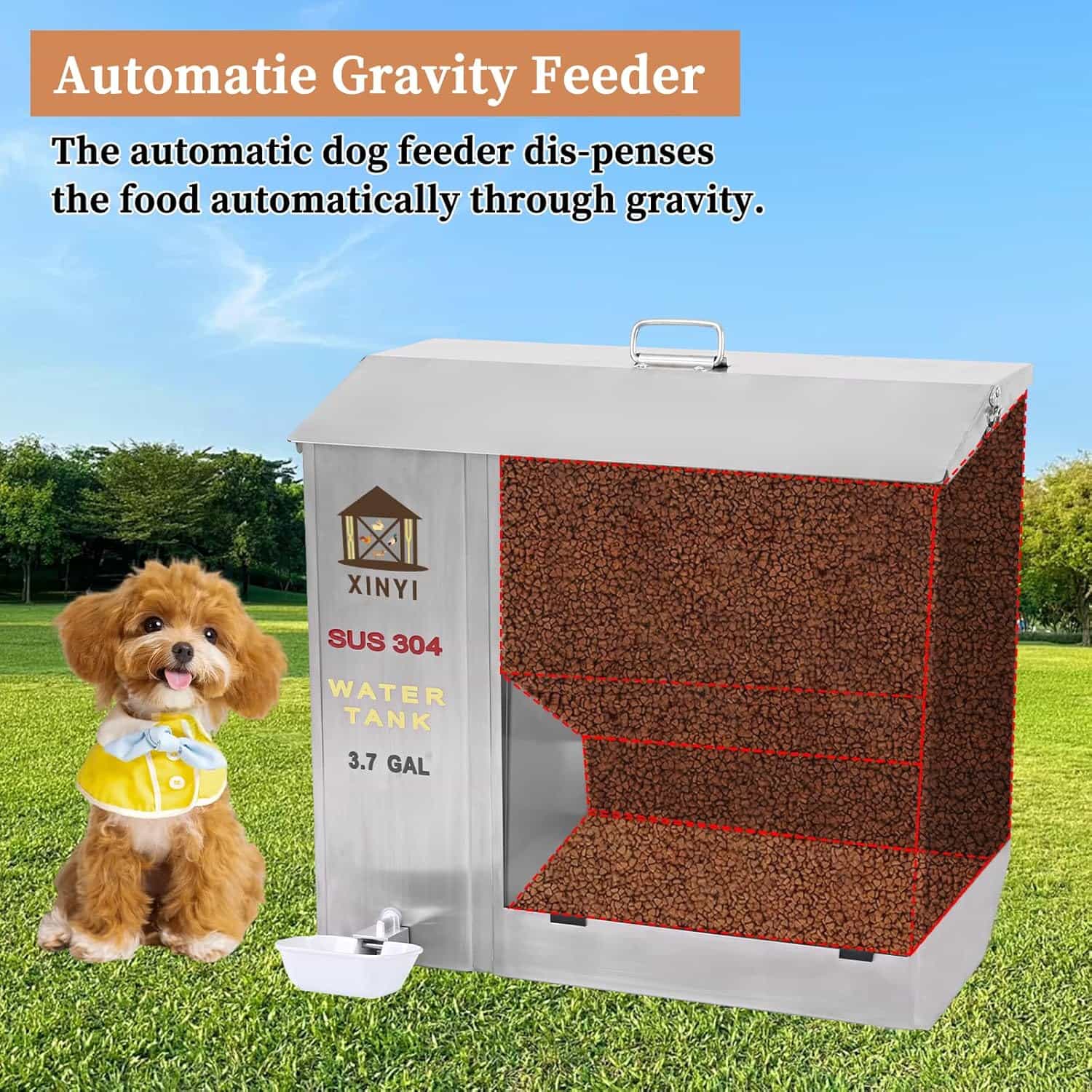 Comedero y Bebedero Automático Gravedad 2 en 1 para Perros - Acero Inoxidable 11 Kilos 14 Litros 50x45 cm - Imagen 2
