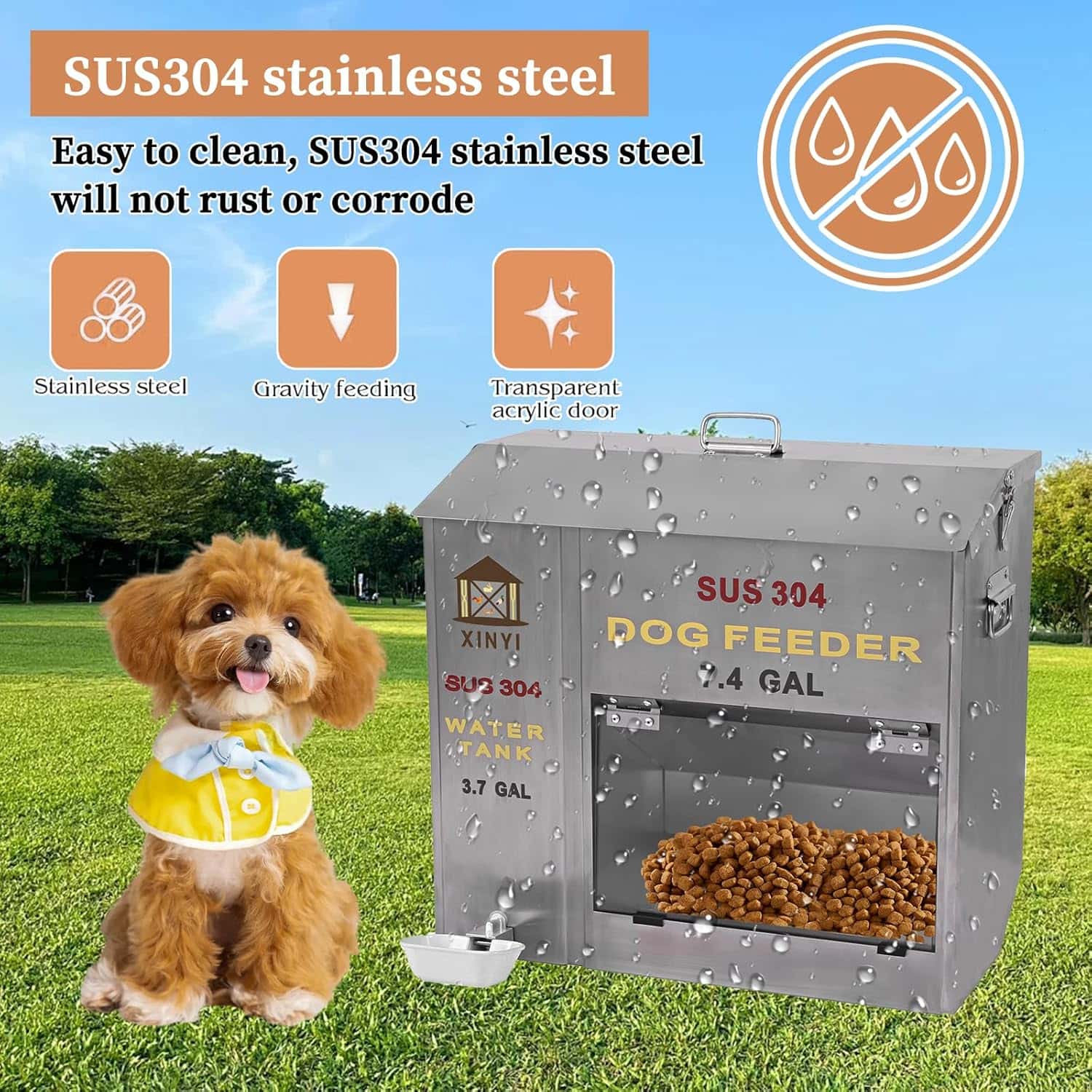 Comedero y Bebedero Automático Gravedad 2 en 1 para Perros - Acero Inoxidable 11 Kilos 14 Litros 50x45 cm - Imagen 4