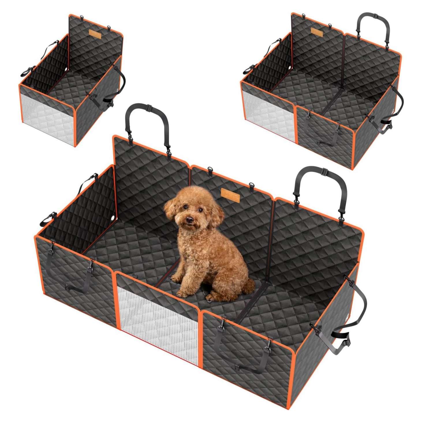 Funda protectora de asiento de auto para perros con fondo duro instalada en el asiento trasero de una camioneta.